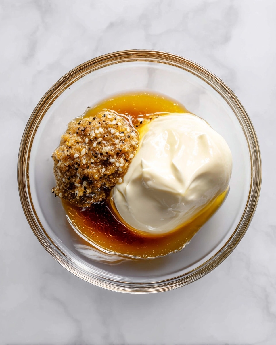 A clear glass bowl sits on a white marbled surface. Inside the bowl, there are three separate ingredients: a golden honey puddle at the bottom forming the first layer, a second layer of grainy brown mustard on the left side with visible mustard seeds, and a dollop of creamy white mayonnaise on the right side, creating a contrast between smooth and textured elements. The ingredients are close but not mixed, highlighting their different textures and colors. Photo taken with an iphone --ar 4:5 --v 7