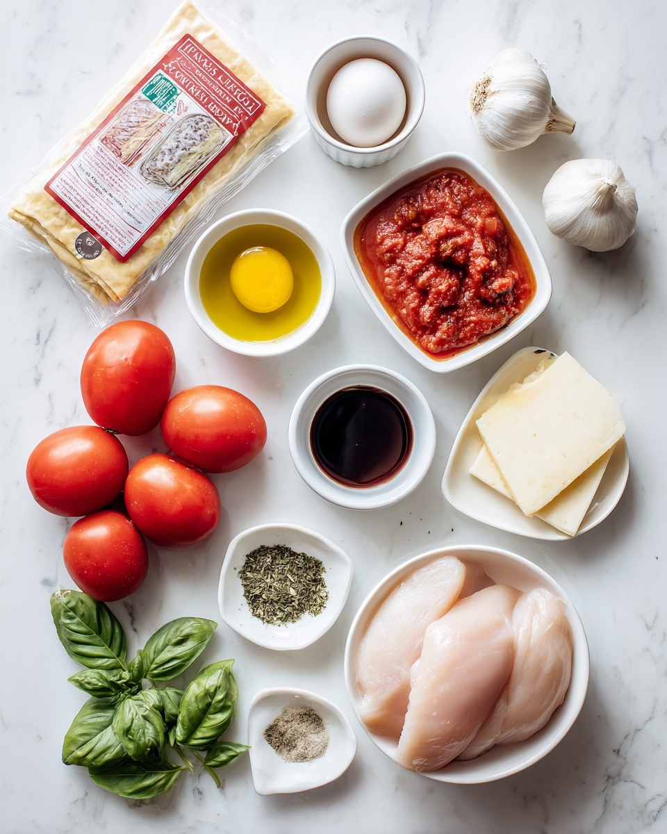 A top-down view of various fresh cooking ingredients neatly arranged on a white marbled surface; on the left, there is a package of puff pastry in a red and beige wrapper, next to an egg in a white egg cup, and a small white bowl filled with olive oil. To the right, there is a small square white bowl with chunky tomato sauce, a whole bulb of garlic, and a small white bowl with dark soy sauce. Below, there are five fresh roma tomatoes clustered together, a white bowl with green dried herbs, and a small square white plate holding black pepper, garlic powder, and salt. Near the bottom left, fresh green basil leaves rest beside a few slices of pale yellow cheese in a white bowl, while at the bottom right, three raw pale pink chicken fillets sit inside a white bowl photo taken with an iphone --ar 4:5 --v 7