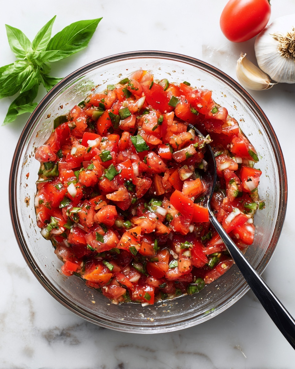 A clear glass bowl filled with a colorful mix of diced red tomatoes and small pieces of green basil leaves, all coated in a light, slightly oily dressing with visible bits of minced garlic and black pepper, sitting on a white marbled surface. A black spoon with a long handle is inside the bowl, resting on the right side of the tomato mixture. Above the bowl, parts of a garlic bulb, fresh green basil leaves, and a whole red tomato are placed on the white marbled surface, adding fresh ingredient details to the scene. Photo taken with an iphone --ar 4:5 --v 7