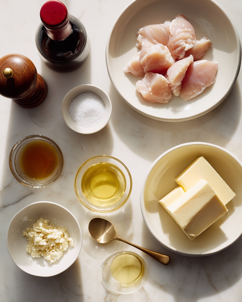 The image shows six white bowls and containers arranged loosely on a white marbled surface. The top center bowl contains several small pieces of raw light pink chicken. To the right, a white bowl holds three thick slices of pale yellow butter. Below the butter, another bowl is filled with a light yellow liquid, likely oil. At the bottom left corner, a small white bowl contains minced garlic, showing a slightly rough texture. Above this, a small glass bowl holds a golden-brown liquid, possibly honey or soy sauce. Near the center left, a tiny white bowl with a gold spoon inside is filled with white salt, and beside it is a brown wooden pepper grinder. At the top left, a dark bottle with a red cap is placed. The overall presentation is neat and minimal, with a soft natural light illuminating the ingredients. Photo taken with an iphone --ar 4:5 --v 7