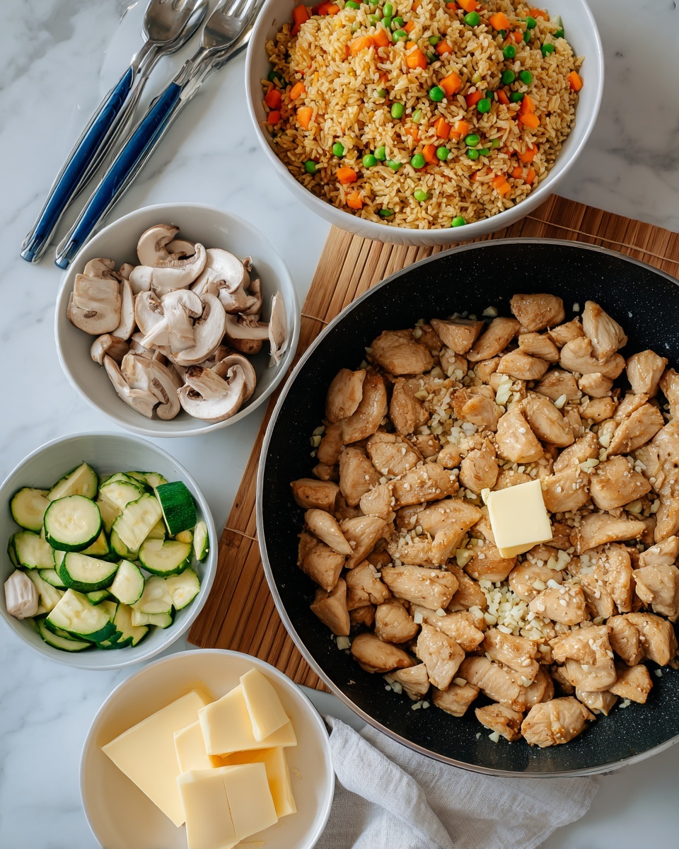 A pan filled with cooked, light brown pieces of chicken arranged in an even layer, topped with small chopped garlic and a melting square of butter in the center. Above the pan, there is a white bowl filled with fried rice that has a mix of orange carrots and green peas, showing a rough texture. Next to the rice, a small white bowl contains sliced mushrooms and light green zucchini pieces arranged loosely. Below and to the right of the pan, there is a white bowl holding several stacked slices of pale yellow butter. In the background, partly visible, are silver forks with blue handles resting on the white marbled surface. A white cloth is folded on the left edge, and the pan rests on a light brown bamboo mat. The photo taken with an iphone --ar 4:5 --v 7