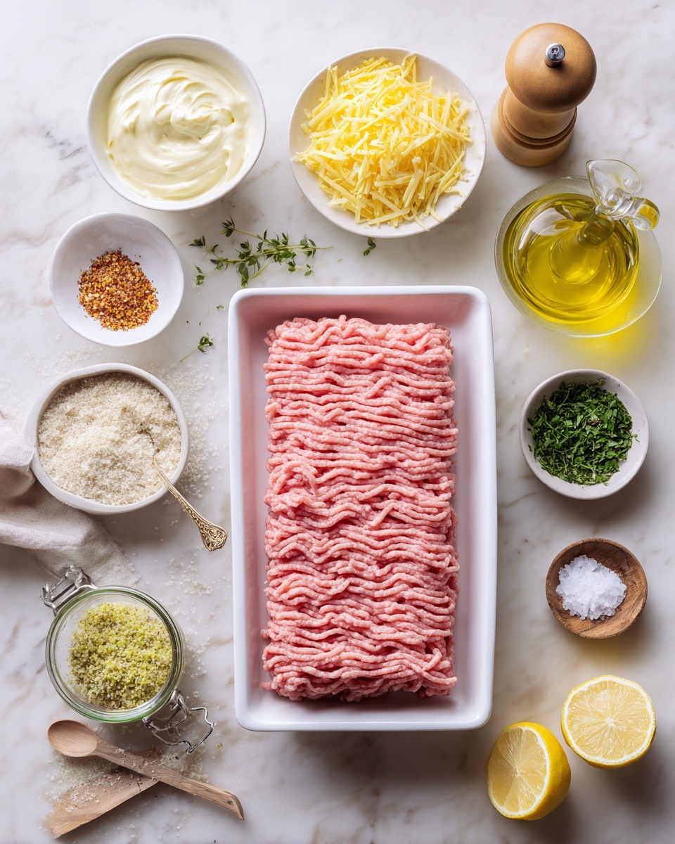A white plastic tray holds pale pink ground meat with neat ridges on top, placed on a white marbled surface. Around it, there are several small white bowls: one with creamy white mayonnaise, another with yellow shredded cheese, a third with finely chopped green herbs, and a fourth with reddish spice powder. A small jar of fine breadcrumbs with a tiny wooden spoon, a small white bowl of coarse white salt with a tiny golden spoon, a clear glass bottle with golden olive oil, a wooden pepper grinder, and two lemon halves complete the arrangement. All items are spread out neatly on the surface. photo taken with an iphone --ar 4:5 --v 7