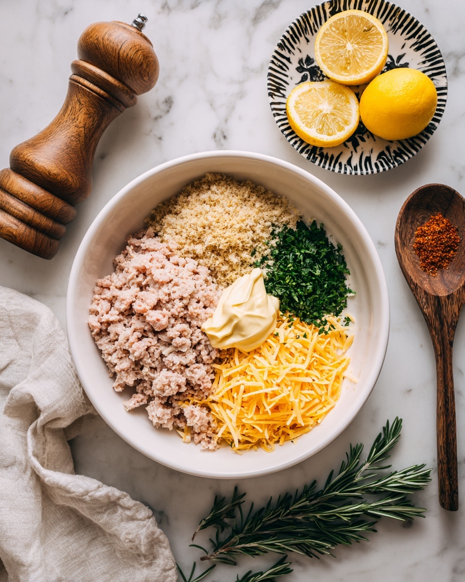 A white bowl on a white marbled surface holds several layers of ingredients for a recipe: a base of light pink ground meat, topped with a pile of light brown breadcrumbs on the left side, a dollop of pale yellow mayo-like sauce on the right, sprinkled green herbs on top of the sauce, fine orange shredded cheese covering the bottom right, and a few dark red spices scattered throughout. To the top right of the bowl, there's a small dish with two lemon halves, bright yellow and shiny, sitting on a patterned black and white plate. Nearby, a wooden pepper grinder is placed to the left, and a wooden spoon with a round head is on the right side. Two small green rosemary sprigs rest near the bottom right edge, and a lightly crumpled white towel is partially visible on the bottom left. Photo taken with an iphone --ar 4:5 --v 7