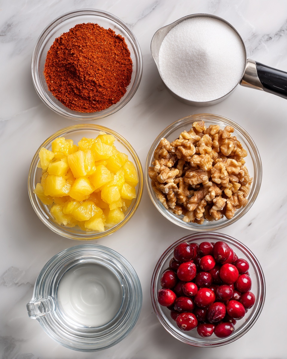 The image shows six separate glass bowls and a measuring cup placed on a white marbled surface. At the top left, there is a bowl with a fine reddish-orange powder, to its right a metal 1-cup measuring cup filled with white sugar and a black handle. Next to the sugar on the right is a bowl filled with chopped walnuts, light brown with rough texture. Below, on the left side, a bowl contains yellow chunks of pineapple in liquid, and beside it on the right is a bowl with bright orange mandarin segments in syrup. At the bottom left, there is a clear glass measuring cup filled with water, and on the bottom right, a bowl with red cranberries, smooth and round. All bowls are transparent and placed neatly with even spacing. Photo taken with an iphone --ar 4:5 --v 7