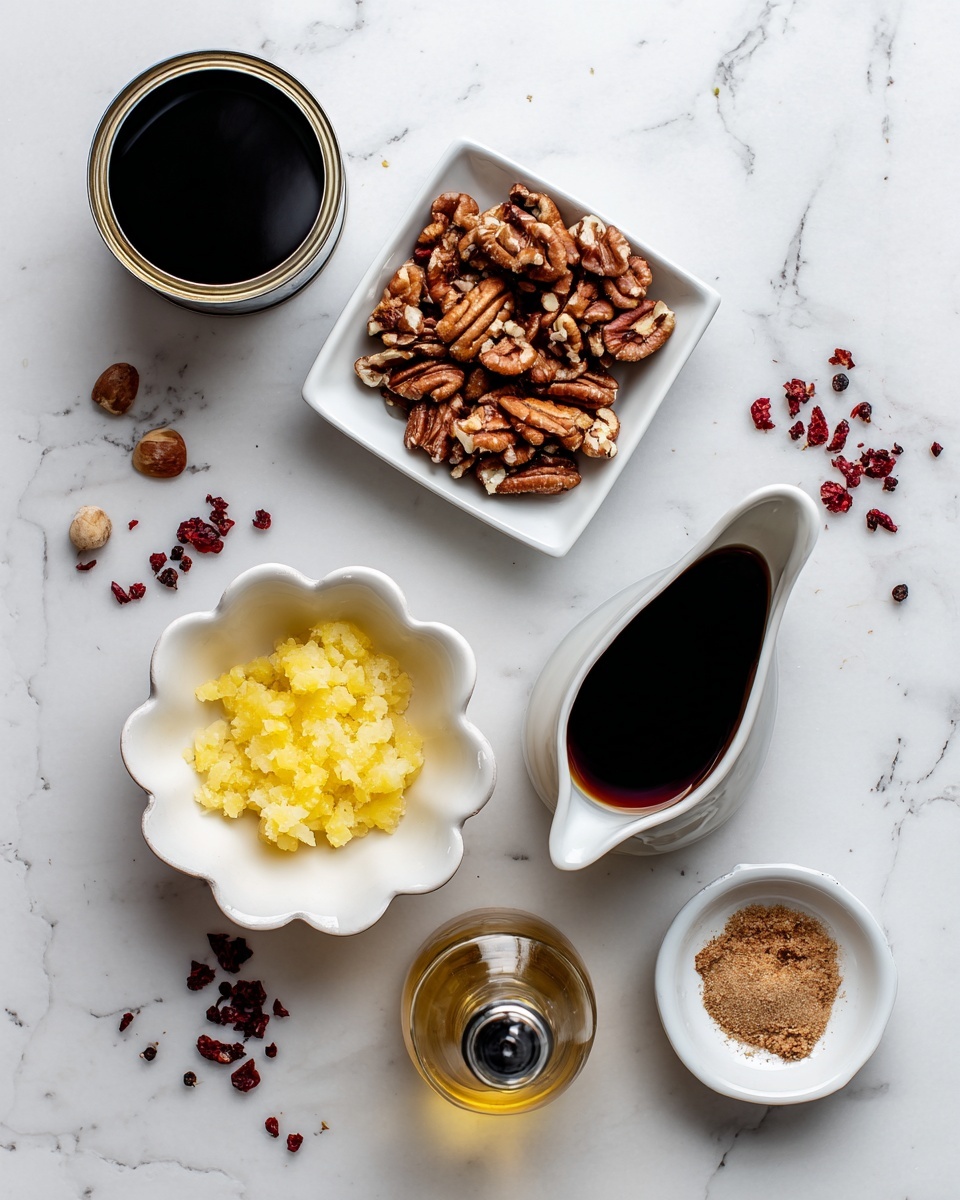 The image shows a top view of various ingredients arranged on a white marbled surface. At the top left, there is a can with a dark liquid inside. Slightly below and to the right, a small white square dish holds chopped pecans with a mix of brown colors and rough texture. To the right of the pecans, there is a small white pouring cup filled with a dark brown liquid, likely soy sauce or vinegar. Below the cup and slightly to the right is a small, clear glass bottle with a golden liquid inside and a black cap. Beneath the pecans is a white scalloped bowl filled with a yellow crushed or pureed substance, likely pineapple. At the bottom right is a small white bowl with a small amount of brown sugar or spice. A few scattered dried red berries and nut pieces are spread on the white marbled surface. Photo taken with an iphone --ar 4:5 --v 7