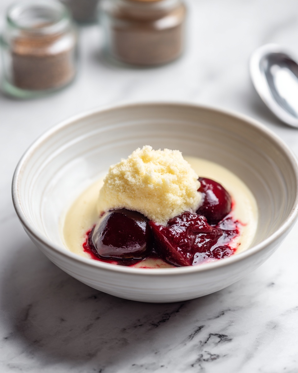 In a white bowl with subtle ridges inside, there is a dessert with three main layers: the base is a dark red, shiny and smooth poached fruit, possibly pear or plum, with a glossy surface; next to it is a chunky deep red sauce with a thick texture, likely made from berries or cherry; on top of the poached fruit sits a light yellow, rough-textured topping that looks soft and slightly fluffy, covering a small center part of the fruit. The bowl is placed on a white marbled surface, with parts of jars and small containers visible around it. Photo taken with an iphone --ar 4:5 --v 7