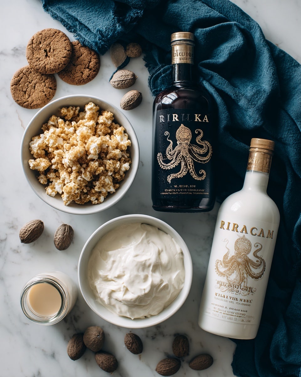The image shows several ingredients laid out on a white marbled surface. There is a white bottle of RumChata with gold lettering and cap positioned on the right side, and a dark brown bottle of The Kraken Black Spiced Rum with a black label featuring an octopus illustration placed to its left. Near the bottom center, there are two white bowls; one filled with crushed golden cookie pieces and the other with smooth, white whipped cream or pudding. A small glass jar containing a creamy beige liquid is near the bottom left corner. Scattered around are round ginger cookies and whole nutmegs. A dark teal cloth is spread under the RumChata bottle, adding texture and contrast to the layout. Photo taken with an iphone --ar 4:5 --v 7