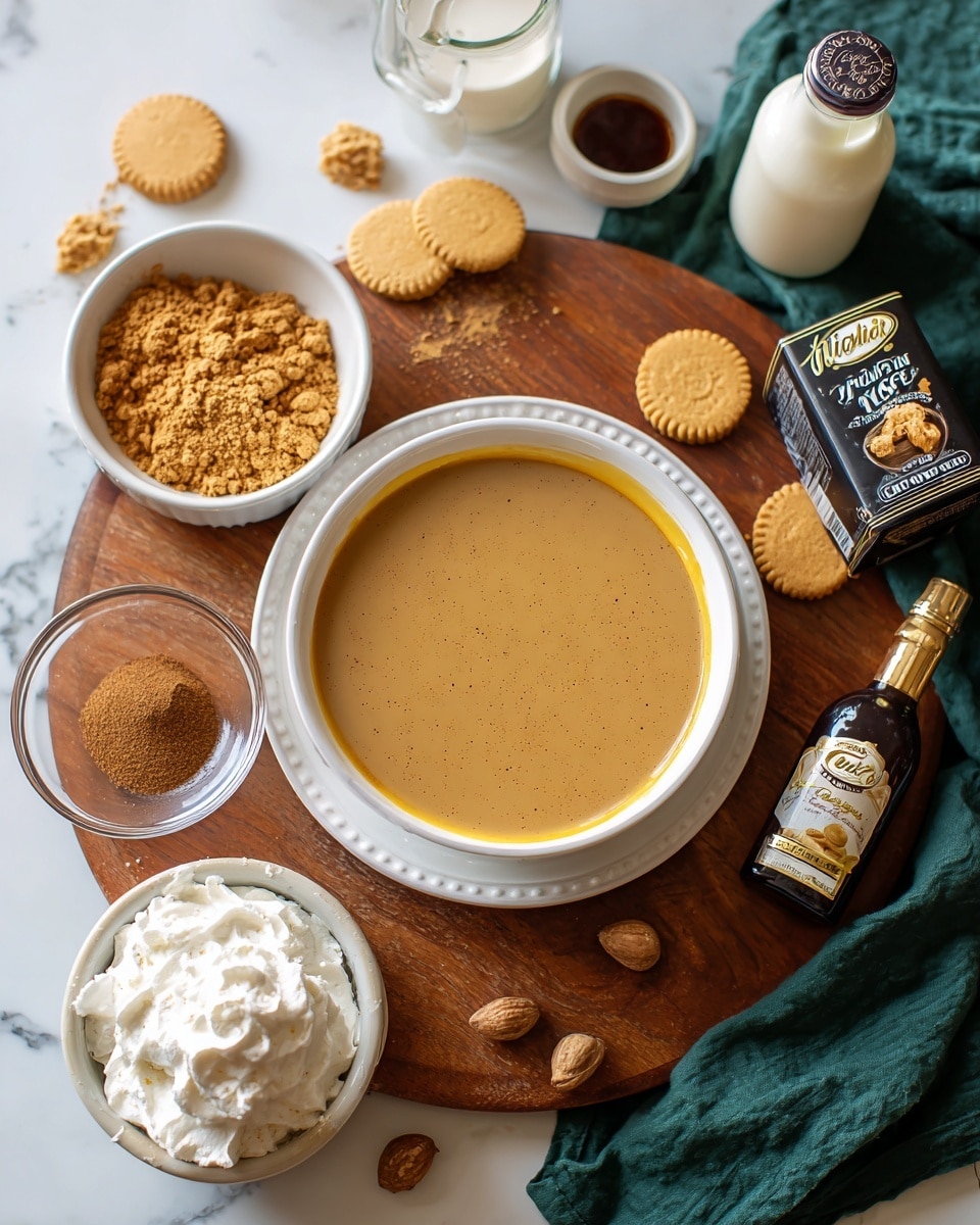 A top-down view of a white bowl filled with smooth, light brown liquid with a thin yellow ring around the edge, placed on a wooden table. Around the bowl, there is a small clear glass bowl with brown spice powder, a larger white bowl with crushed light orange cookies, a clear glass bottle of cream, a white bowl filled with fluffy white whipped cream, and a box of vanilla JELL-O pudding mix. On a dark green cloth near the top right corner, there are two bottles, one white with a gold cap and one black with a label. Several whole light brown cookies and round brown nuts are scattered around the scene. The surface is changed to a white marbled texture. photo taken with an iphone --ar 4:5 --v 7
