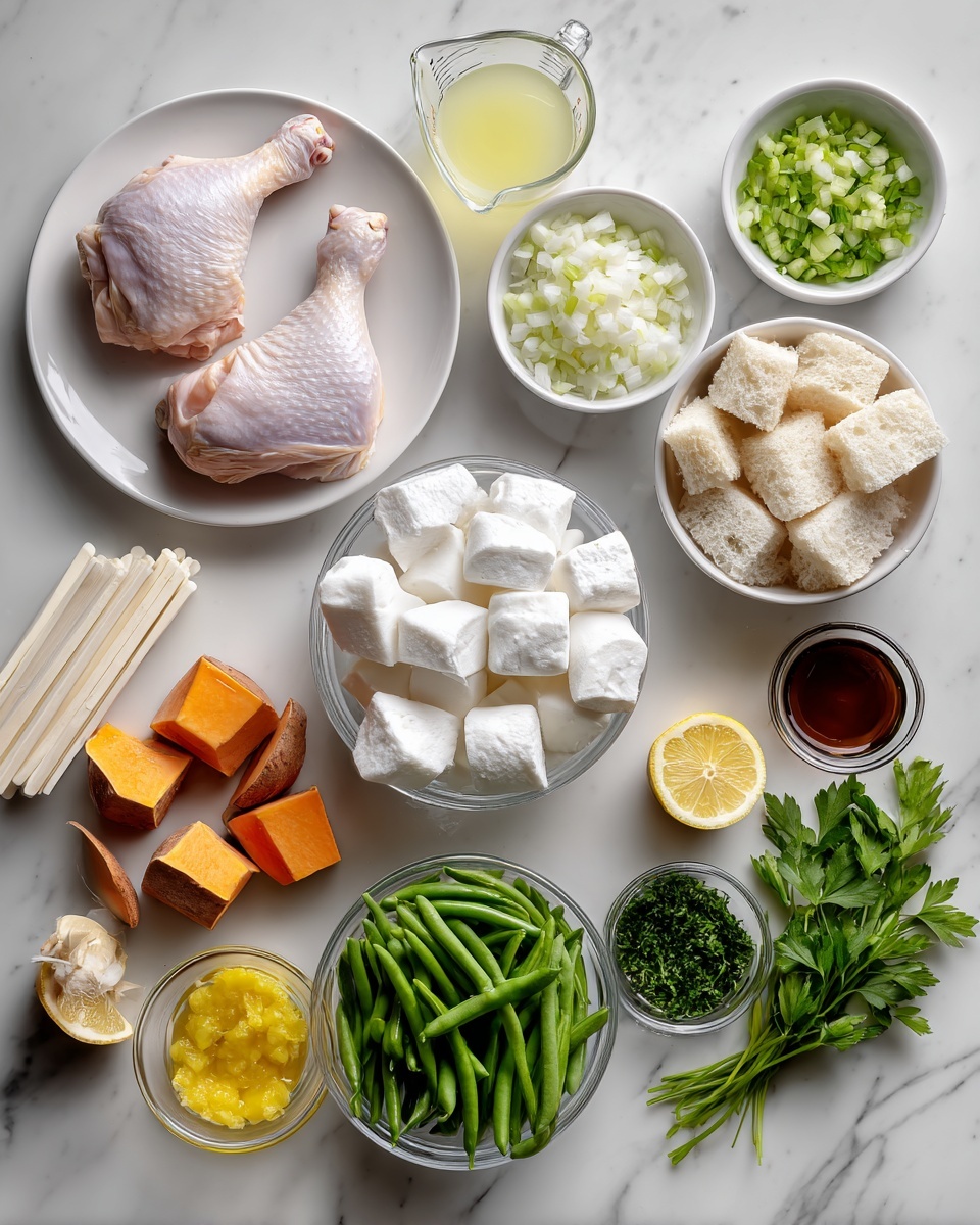 The image shows an arrangement of raw cooking ingredients on a white marbled surface. In the top left, two raw chicken thighs with pale pink skin rest on a white plate. Above them, a glass measuring cup holds a pale yellow liquid. To the right, there are two white small bowls; one filled with chopped white onions and the other with chopped green celery. Below these, fresh dark green chopped herbs sit on a small white dish. Four medium-sized orange sweet potatoes lie scattered across the center, next to a small white bowl filled with white mini marshmallows. A glass bowl contains cubed white bread pieces, positioned near two sticks of salted butter wrapped in paper. At the bottom, another glass bowl holds a bunch of fresh green beans. There are also small clear bowls with yellow minced garlic, a half lemon and lemon wedge, a small bowl of dark brown liquid, a dish with salt and a pepper grinder, and fresh green parsley sprigs spread near the bottom right. All elements are neatly placed with clear space between them. Photo taken with an iphone --ar 4:5 --v 7