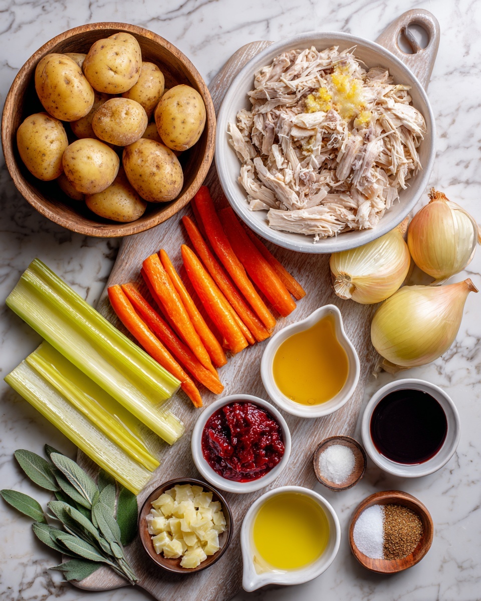 The image shows a variety of raw ingredients neatly arranged on a white marbled surface: a wooden basket filled with light brown potatoes is placed at the top left; below it is a white bowl filled with white shredded cooked poultry with some brown crispy skin pieces. Surrounding these are three orange carrots and three pale beige parsnips aligned diagonally, green celery stalks at the bottom, and a few fresh sage leaves placed beside them. Scattered around in small white bowls and dishes are minced garlic cloves, thick deep red tomato paste, light olive oil, golden broth in a small pitcher, melted butter, salt and black pepper on a white plate, black vinegar, and a small pile of spice powder in a wooden bowl. There is also a whole yellow onion. The arrangement is clear and colorful, all set on a wooden board placed over the white marbled surface. photo taken with an iphone --ar 4:5 --v 7