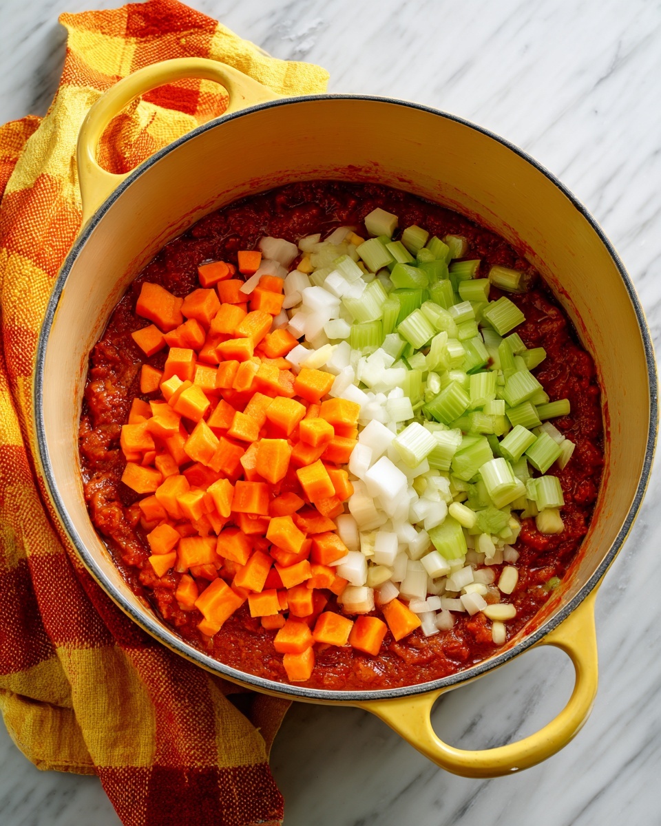 A yellow pot filled with a tomato-based sauce as the first layer, showing a rich reddish-brown color and chunky texture. On top, there are three distinct layers of chopped vegetables arranged in rows: light green celery pieces at the back, bright orange carrot cubes in the middle, and pale white parsnip cubes along with some minced garlic in the front. The pot handle extends to the left with a yellow and orange plaid cloth partially under it, all placed on a white marbled surface. Photo taken with an iphone --ar 4:5 --v 7