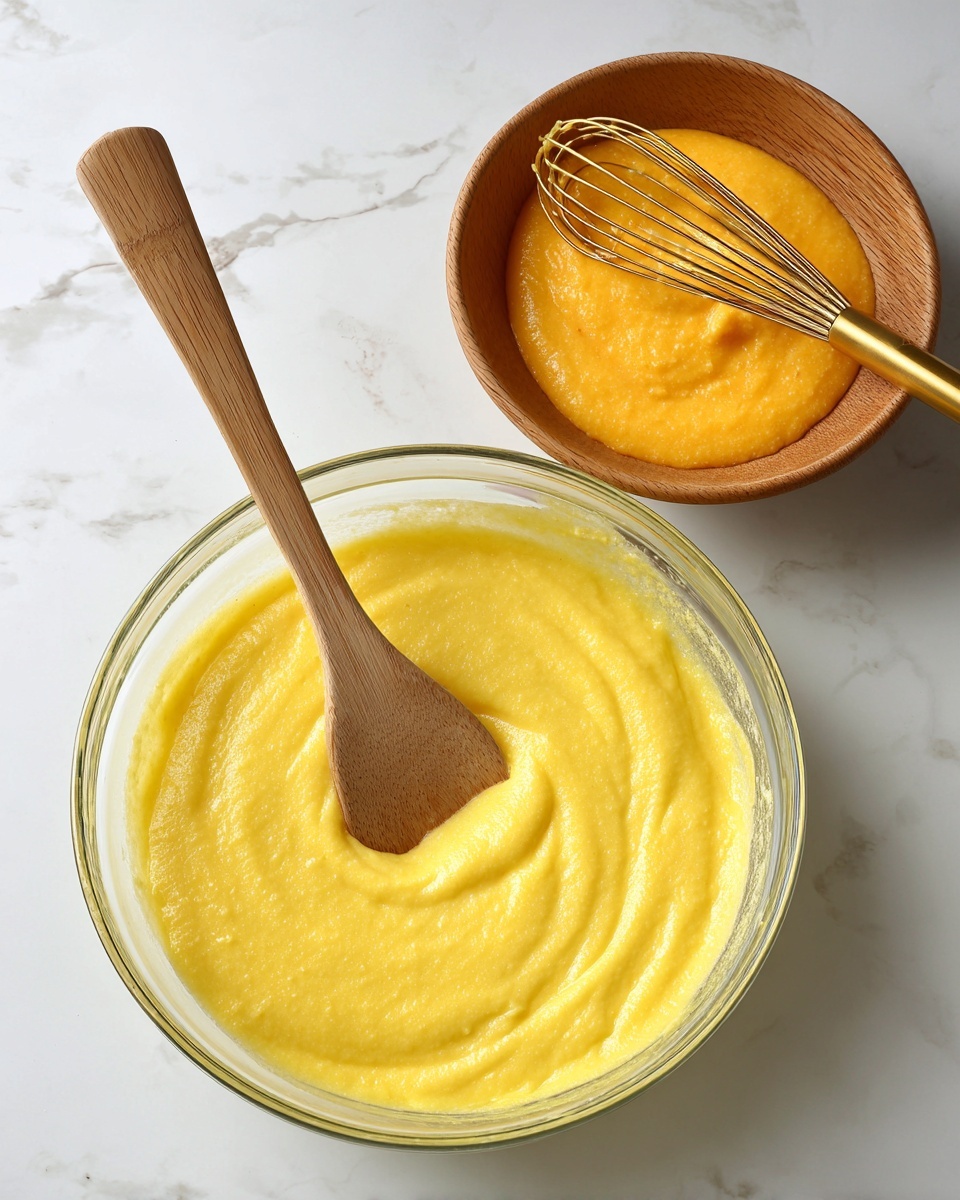 A clear glass bowl filled with smooth, thick, bright yellow batter, with a wooden spatula resting inside, partially coated with the batter. Above the bowl is a wooden bowl with a thick orange puree and a metal whisk, all placed on a white marbled surface. Photo taken with an iphone --ar 4:5 --v 7