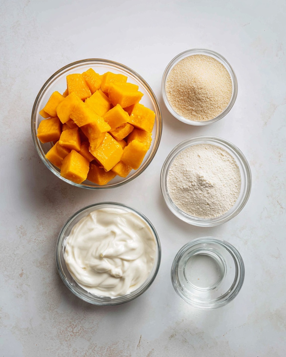 Five clear glass bowls of different sizes are placed on a white marbled surface. The largest bowl on the left is filled with bright orange chunks of cooked pumpkin. To its right, a medium bowl holds glossy white cream with a smooth texture. Above these, two small bowls contain fine powders, one light beige and the other white, each with a slightly rounded pile. The smallest bowl on the far right has clear liquid inside. The arrangement is neat and simple with soft, natural lighting. Photo taken with an iphone --ar 4:5 --v 7