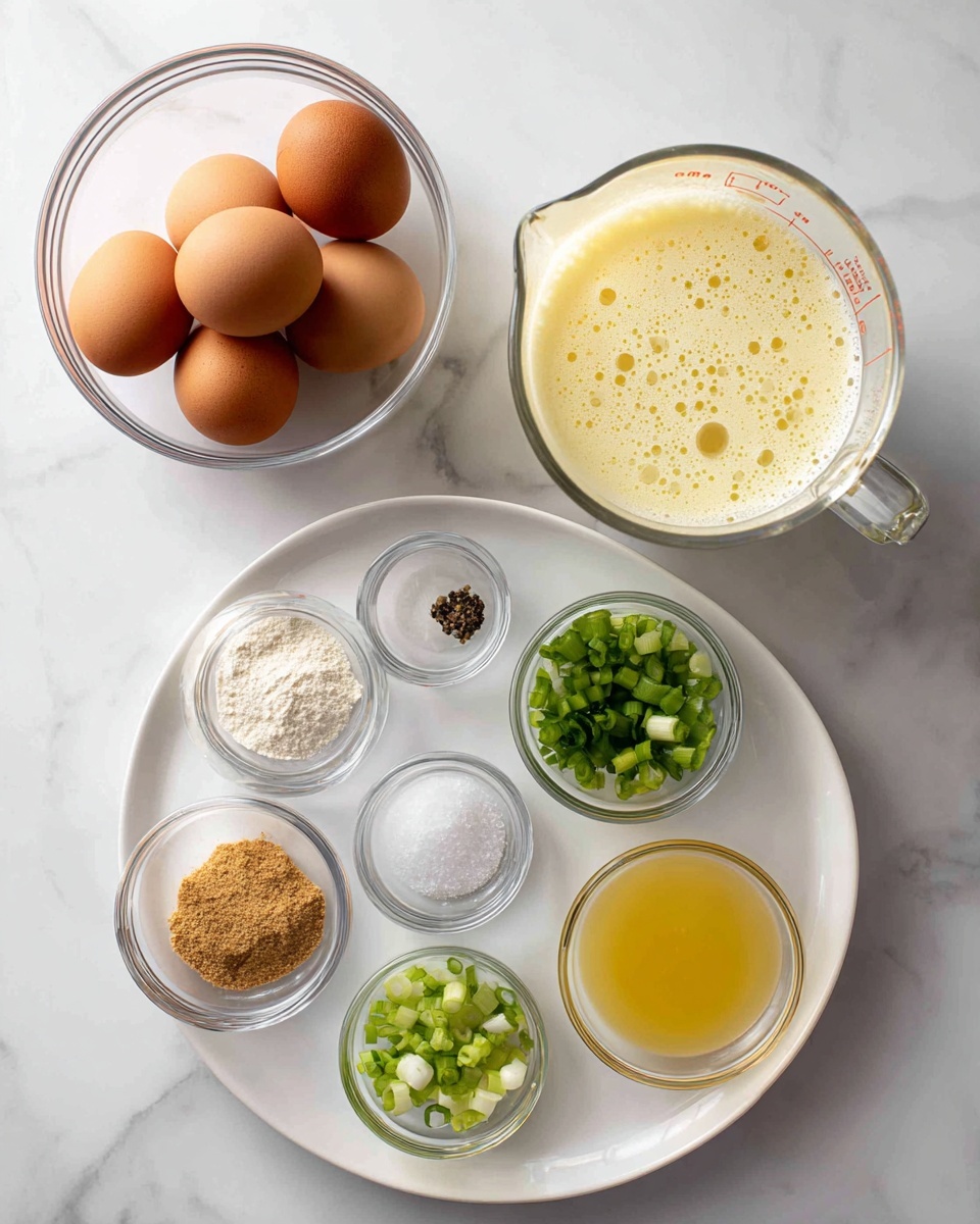 The image shows a collection of cooking ingredients arranged on a white marbled surface. On the left side, there is a clear glass bowl with three brown eggs stacked together and a clear glass measuring cup filled with a light yellow liquid, showing bubbles on top. On the right side, a white plate holds eight small clear glass bowls arranged in a circle, each containing a different ingredient: chopped green onions, a light brown powder, a white powder, water, salt, black pepper, yellow liquid, and chopped green scallions. The colors and textures contrast with the clean white marbled background. photo taken with an iphone --ar 4:5 --v 7