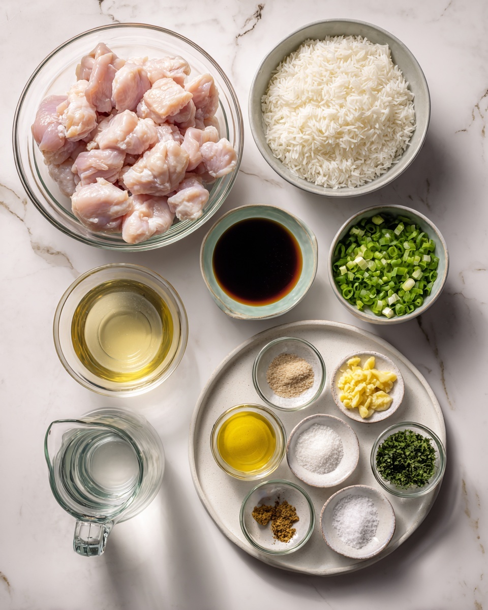 The image shows a white marbled surface with various clear glass bowls arranged neatly. At the top left is a medium bowl with raw light pink chicken pieces. Above the chicken is a smaller bowl filled with uncooked white rice. To the right of the rice is a tiny bowl with chopped green onions. Below this, on a white round plate, there are six small bowls arranged in a circle: cornstarch powder (white), ground spices (greenish), soy sauce (dark brown), light yellow oil, chopped yellow ginger, and light brown minced garlic. Outside the plate, there is a small bowl with white salt, a small bowl with finely chopped green herbs, and a clear pitcher of water placed to the lower left of the chicken. The composition is clean and bright with good natural light. Photo taken with an iphone --ar 4:5 --v 7