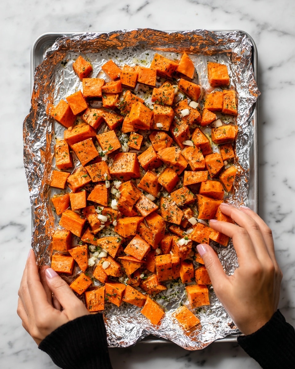 The image shows a tray filled with three main layers: the base layer contains cubed orange sweet potatoes, bright green broccoli florets, roughly sliced red bell peppers, and purple onion pieces. On top of the vegetables, there are chunks of raw light pink chicken pieces spread evenly. Above, a woman's hand is pouring a golden, chunky herb dressing over the food, with the dressing slowly dripping onto the ingredients. The tray rests on a white marbled surface. photo taken with an iphone --ar 4:5 --v 7