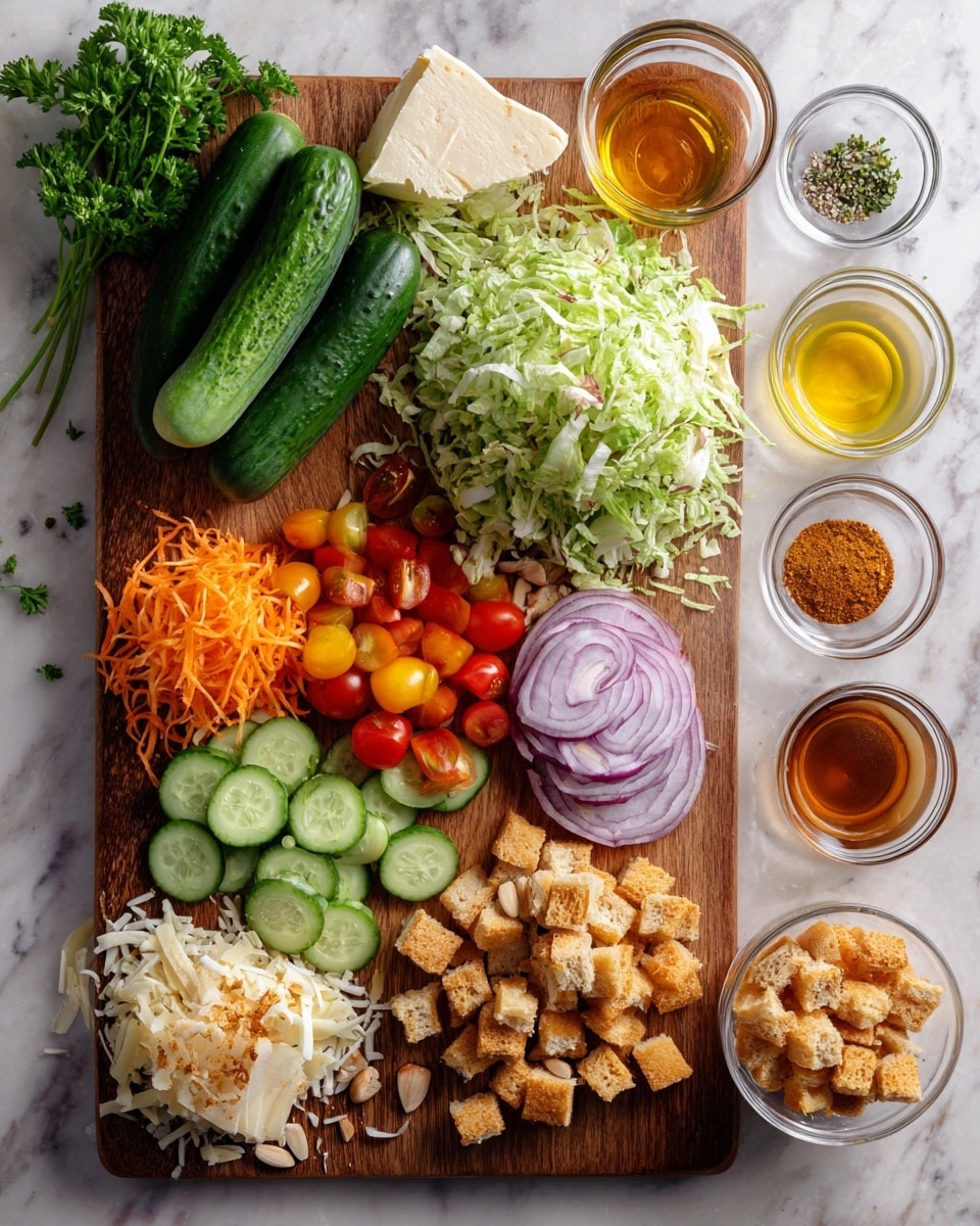 The image shows a wooden cutting board on a white marbled surface with two whole cucumbers, several cucumber slices, a halved red onion, and a mix of red and yellow cherry tomatoes, some whole and some sliced, spread across the board. Around the board, there are clear glass bowls filled with shredded lettuce that has a large block of cheese standing upright inside, shredded carrots, sliced almonds, and cubed bread pieces. Small clear dishes hold a yellow sauce, dried herbs, a light brown powder, and a dark amber liquid. Some fresh parsley sprigs lie near the upper left corner. Photo taken with an iphone --ar 4:5 --v 7