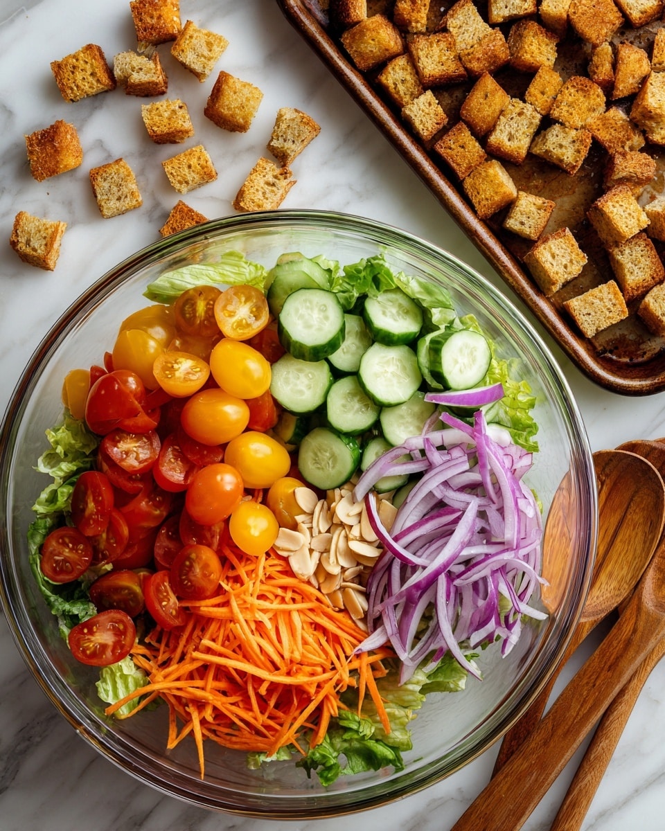 A clear glass bowl with a fresh salad inside, showing bright green lettuce leaves at the bottom, topped with several neatly arranged layers: to the left, halved red and yellow cherry tomatoes, to the center, thick round slices of cucumber, to the right, shredded orange carrots and thin slices of purple onion, and near the front, a small pile of sliced almonds. Two wooden salad spoons rest on top of the salad inside the bowl. In the background, a white marbled surface holds a baking tray filled with golden toasted croutons and more croutons scattered outside the tray. photo taken with an iphone --ar 4:5 --v 7