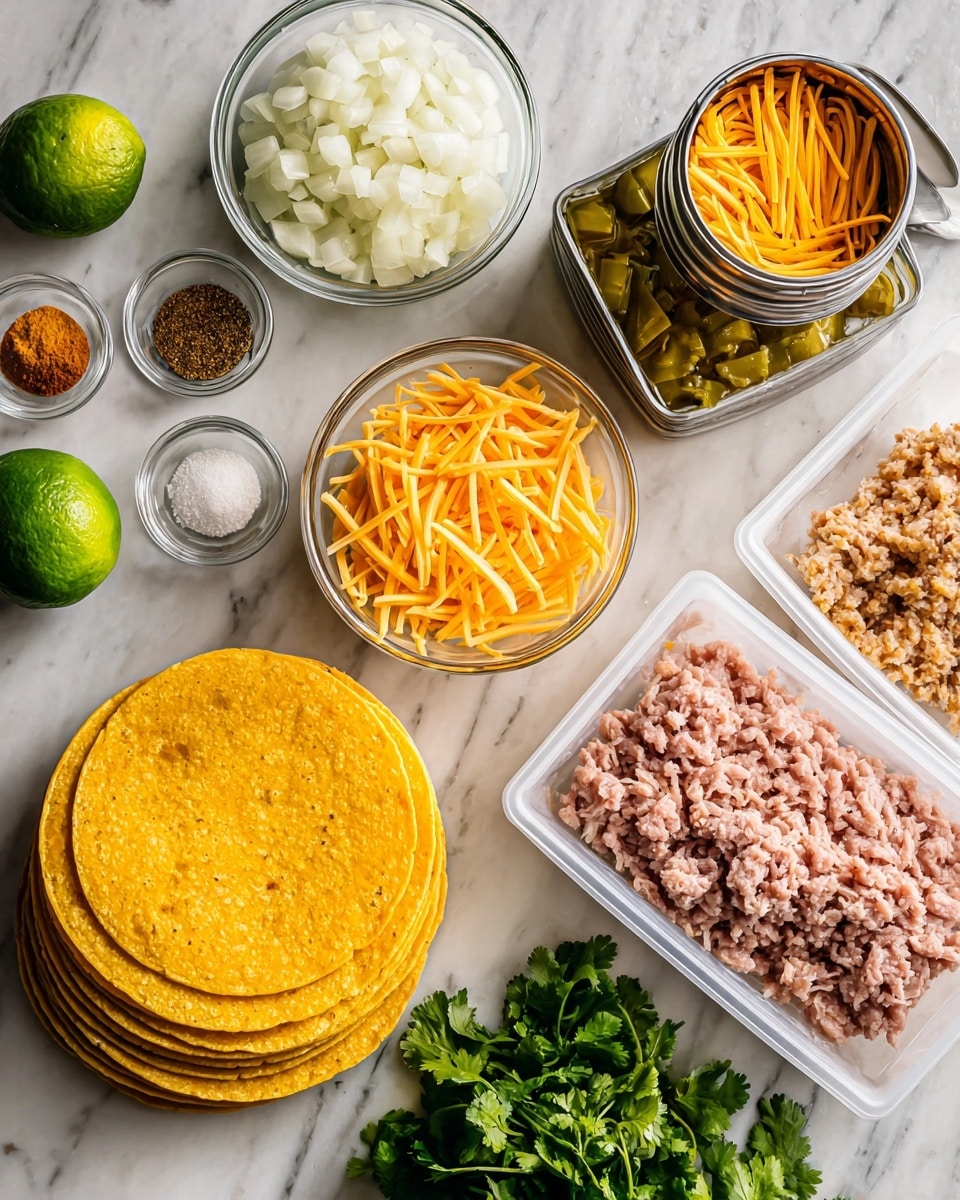 The image shows a collection of several ingredient layers arranged on a white marbled surface. On the left, there are five stacked yellow corn tortillas that have a slightly rough texture. Above the tortillas, there is a clear glass bowl filled with long, thin orange and white shredded cheese strands. To the left of the tortillas is another clear glass bowl containing diced white onions. Near the center, a whole lime next to a half lime shows a bright green peel and light green inside. There are different small clear containers holding ground spices like chili powder and herbs, as well as minced garlic. On the right, an open white plastic tray holds pale pink ground meat with a soft, textured look. Above that tray, an open metal can with a partially removed lid contains diced green chilies in a yellowish sauce. Fresh green cilantro with leafy texture sits near the bottom right. The whole setup is neatly arranged as if for a recipe preparation photo taken with an iphone --ar 4:5 --v 7