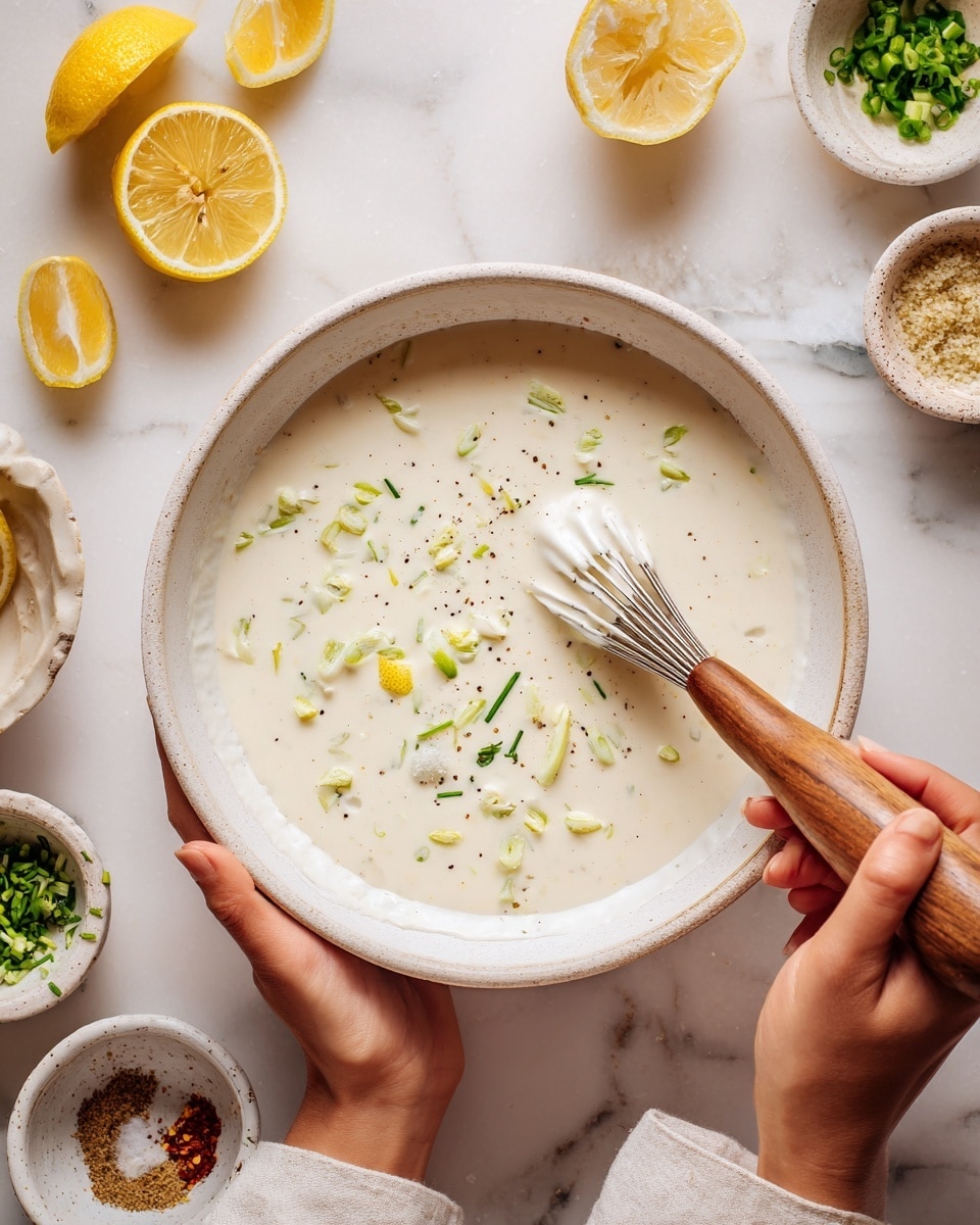 A white bowl filled with a creamy white sauce mixed with small pieces of green herbs and black pepper specks. A woman's hand is squeezing a lemon wedge over the sauce from the top left, releasing drops. Another woman's hand in the bottom right is holding a small wooden whisk, stirring the sauce gently. Around the bowl, there are small white bowls with various ingredients and a small white marbled surface underneath. photo taken with an iphone --ar 4:5 --v 7