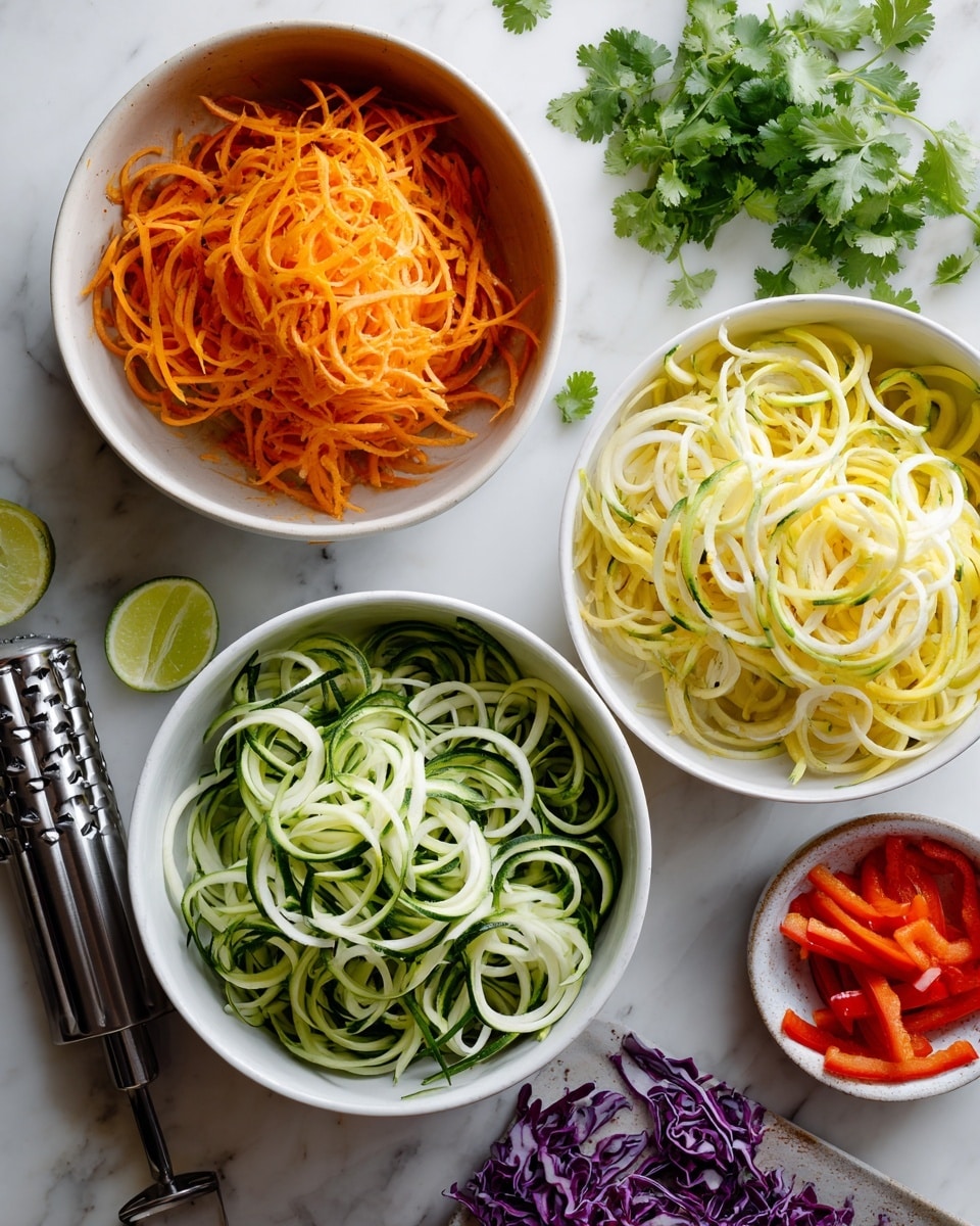 A top-down view shows three white bowls filled with spiralized vegetables on a white marbled surface. The top left bowl contains bright orange carrot spirals with a slightly rough texture. To the right, a white bowl holds pale yellow spiralized zucchini with smooth, slightly moist strands. Below, another white bowl is filled with light green and white cucumber spirals, showing a mix of smooth and fresh textures. Around the bowls, there is shredded purple cabbage on the bottom right and sliced red bell peppers in a small white bowl on the far right. Fresh green cilantro leaves and small lime wedges are scattered nearby, adding vibrant green colors. At the bottom left, a woman's hand is holding a spiralizer tool with fresh cucumber inside, partially visible. photo taken with an iphone --ar 4:5 --v 7