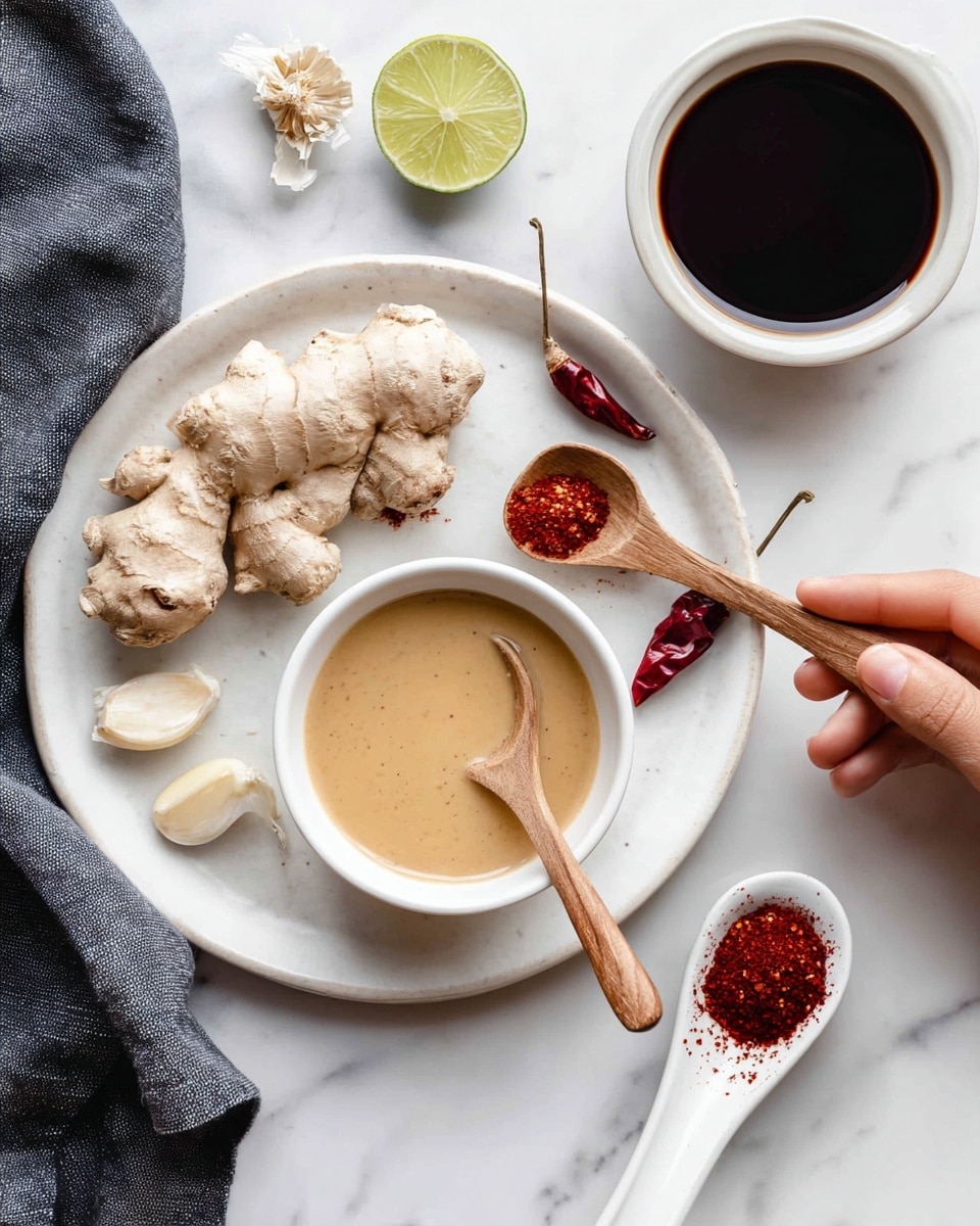 The image shows a white plate with some fresh ginger root, a few dried red chili peppers, two cloves of garlic, and a half-cut lime on it. In front of the plate, a woman's hand holds a small white bowl filled with a smooth light brown sauce, while another woman's hand stirs it gently with a wooden spoon. To the right, there is a small white bowl filled with a dark soy-like liquid and a white plate holding a ceramic spoon with red powder on it. The scene is set on a white marbled surface with a piece of dark grey cloth near the left side. Photo taken with an iphone --ar 4:5 --v 7
