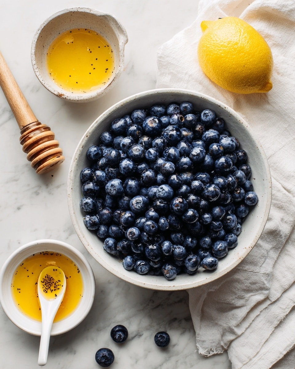 A white bowl filled with many dark blue blueberries sits on a white marbled surface, next to a white cloth. Above the bowl, there is a halved lemon and a wooden citrus juicer. To the left of the bowl, there is a white bowl with some yellow liquid inside. To the right, a small white bowl holds a golden liquid with tiny black specks, and a white spoon rests inside it. Three loose blueberries are scattered to the right of the main bowl. photo taken with an iphone --ar 4:5 --v 7