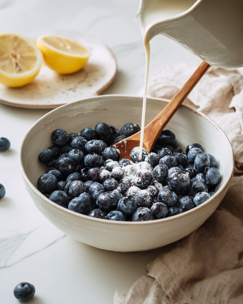 The image shows a white bowl filled with fresh dark blue blueberries, some lightly covered with a white powdery substance, likely sugar or flour, concentrated mostly on the right side of the bowl. A long wooden spoon with a smooth surface rests diagonally inside the bowl from top to bottom. In the blurry foreground, there is a cream-colored pitcher pouring a liquid into the bowl. To the upper left, part of a white plate with a squeezed lemon half and some drops of juice is visible, sitting on a white marbled surface. A beige cloth is softly folded on the right side of the bowl. photo taken with an iphone --ar 4:5 --v 7