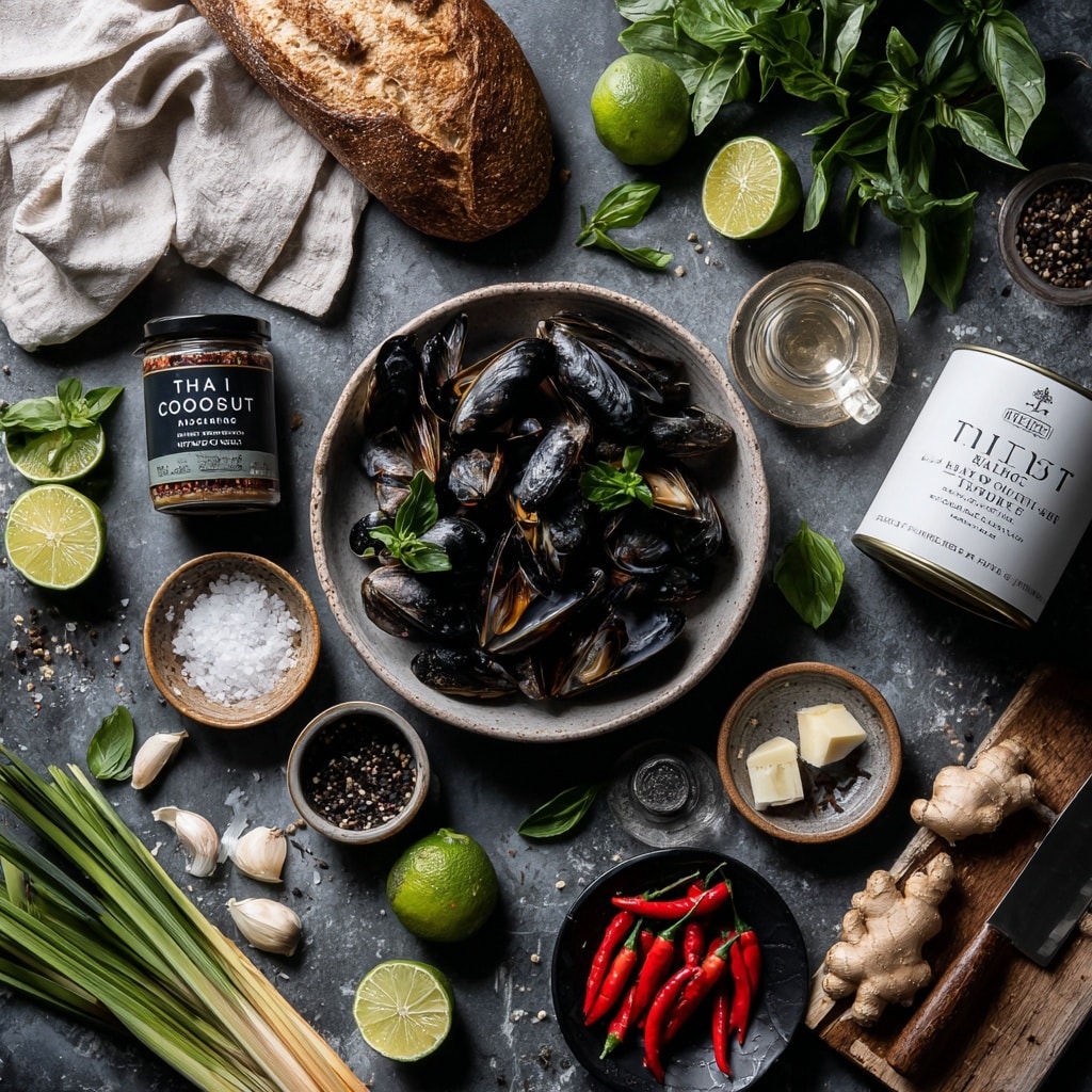 A black pan filled with dark mussels, some open, steaming on a stove with black grates. On top of the mussels, there is a layer of bright green cut leafy herbs being sprinkled from above by a woman's hand. The background visible is a white marbled texture. Photo taken with an iphone --ar 4:5 --v 7