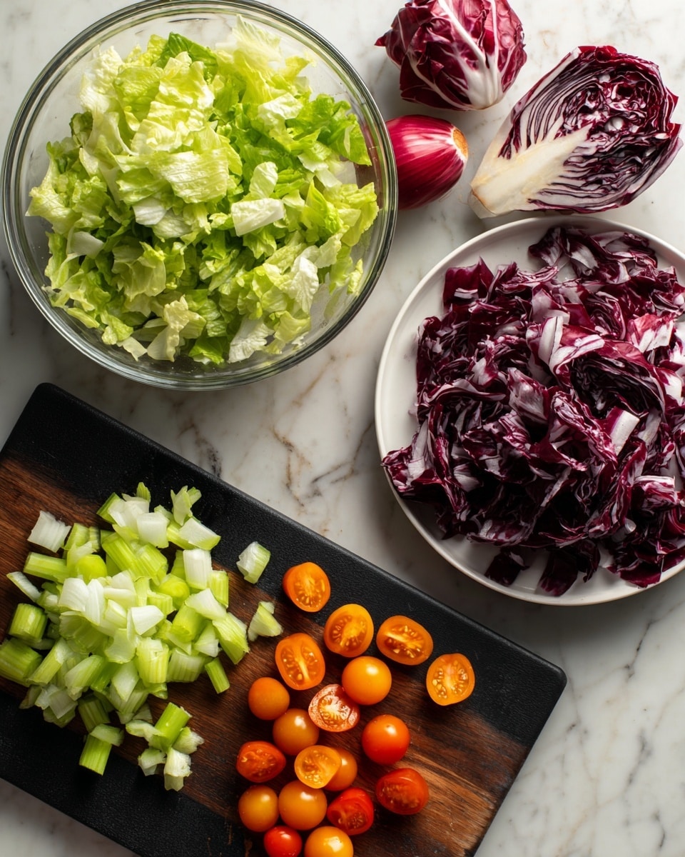 On the left side, there is a clear glass bowl filled with chopped light green lettuce, placed on a white marbled surface along with whole red and white radicchio leaves, a half red onion, celery stalk, and a small white bowl of whole orange cherry tomatoes; on the right side, a black cutting board holds freshly chopped vegetables including three layers of chopped light green celery at the bottom left, halved orange cherry tomatoes in the middle, and shredded radicchio with dark red and white leaves on the right, all set on the same white marbled texture background photo taken with an iphone --ar 4:5 --v 7