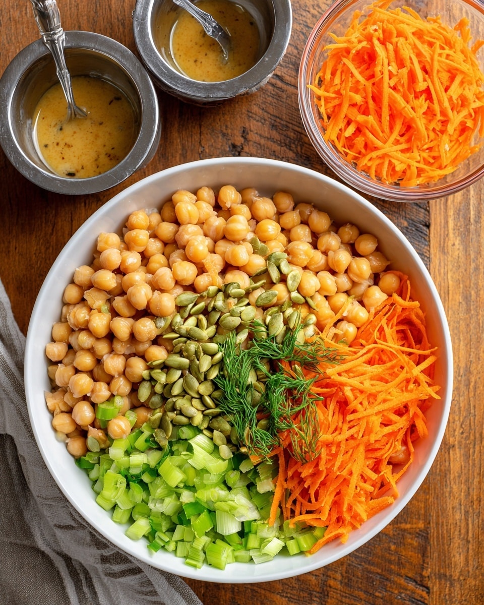A white bowl filled with a base layer of round light brown chickpeas sits on a wooden surface next to two silver measuring cups holding shredded orange carrots and a small container with a light brown liquid with herbs and a spoon inside. In the close-up image, the bowl shows a second layer over the chickpeas, made up of bright orange shredded carrots, light green sliced celery, chopped green onions, scattered light green pumpkin seeds, and fresh green dill leaves on the edges. Photo taken with an iphone --ar 4:5 --v 7