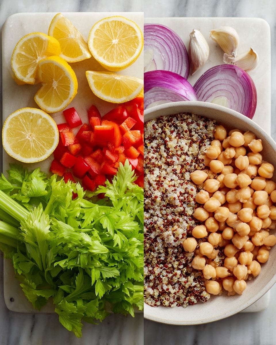 The image is split into two parts: the left side shows a white cutting board on a white marbled surface with fresh ingredients arranged neatly—one layer includes bright green celery leaves, next to them are small red bell pepper cubes and larger red pepper slices, above them are three lemon halves showing their yellow, juicy interior, and a purple onion cut in half revealing its layers, with three cloves of garlic near the top edge. The right side displays a white bowl filled with two layers: a base layer of cooked quinoa with mixed white, red, and black grains, topped with a layer of round, beige chickpeas evenly spread on top. The photo taken with an iphone --ar 4:5 --v 7
