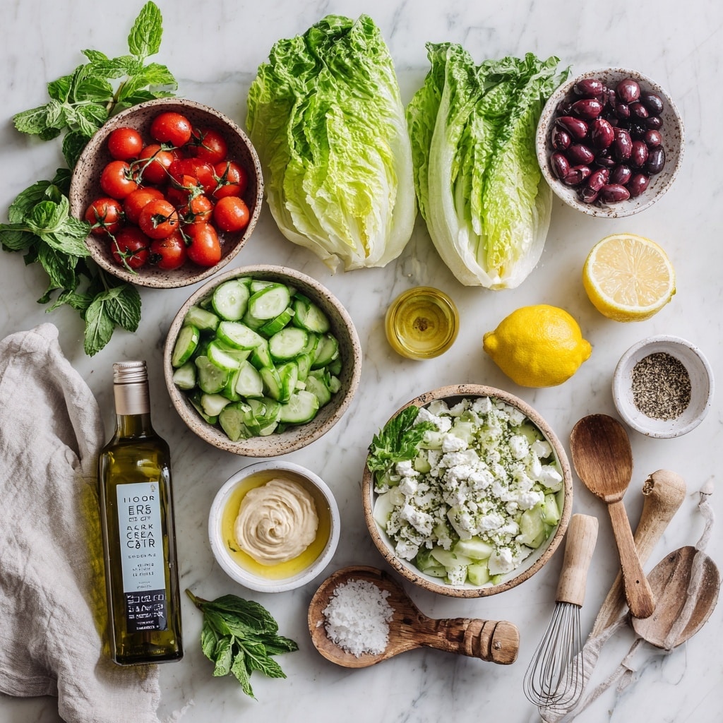 The image shows a clear glass bowl filled with a fresh salad made of chopped cucumber, red and yellow cherry tomatoes, sliced black olives, and thinly sliced pale onions, all mixed together with a spoon. Surrounding the bowl are several bright green romaine lettuce heads, some whole and some cut in half, arranged carefully on a white marbled surface. Next to the lettuce is a white colander with a copper rim holding a few red and yellow small tomatoes. There is also a small bowl of dressing placed nearby. The colors are vibrant, with fresh greens, reds, yellows, and black, creating a fresh and healthy look. Photo taken with an iphone --ar 4:5 --v 7