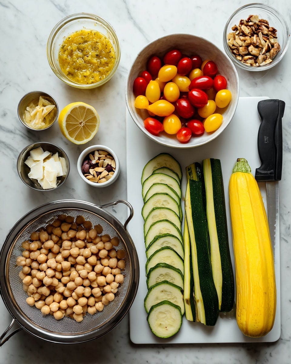 Two images side by side on a white marbled surface: on the left are ingredients in bowls arranged closely, with a large colander holding round, beige chickpeas in the bottom right, a medium white bowl filled with small red and yellow cherry tomatoes above it, a small white cup with brown toasted pine nuts to the upper right, and a glass bowl with a yellow, chunky sauce at the top left; there is also a halved lemon and small metal cups of white crumbled cheese and sliced dark olives at the bottom left. On the right side, a white cutting board holds neatly sliced green zucchini and yellow summer squash in two overlapping semicircular rows, with a whole yellow summer squash having its end removed by a black-handled peeler positioned on the right. Photo taken with an iphone --ar 4:5 --v 7