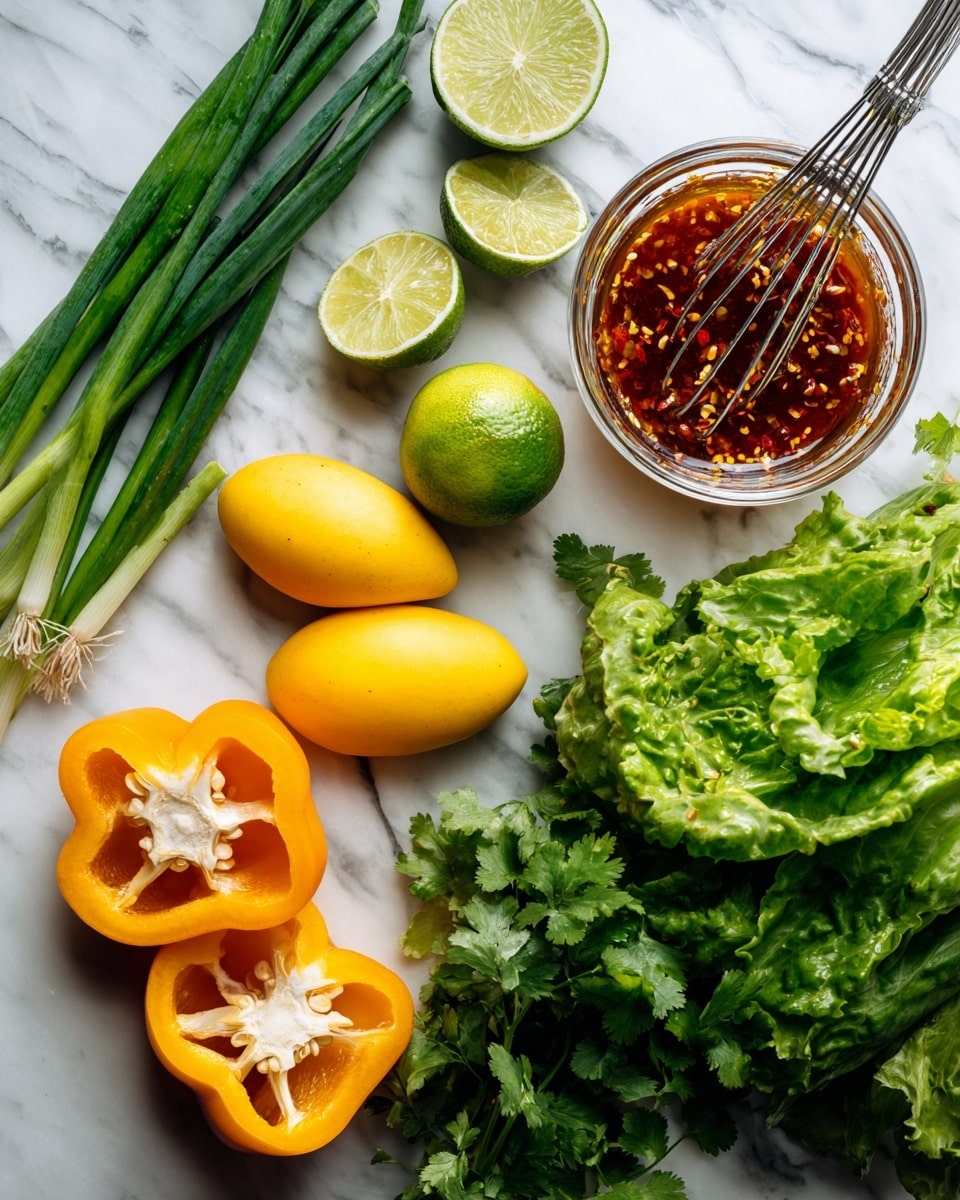 The image shows a collection of fresh ingredients arranged on a white marbled surface. On the top right, there is a clear measuring cup filled with a reddish-brown sauce with visible chili flakes, and a whisk inside it. Just below the cup, there are three yellow mangoes placed in a loose diagonal line. To the left of the mangoes, two lime halves are positioned with their cut sides facing up, showing their juicy, light green flesh. Below the limes and to the left, two vibrant orange bell pepper halves show their seeds and pale interiors. At the bottom right corner, there is a large bunch of bright green leafy lettuce with crinkled edges. Green jalapeno peppers are partly visible next to the lettuce, and some long green onions with white bases lie horizontally along the left side. Fresh cilantro leaves and stems peek out from the bottom left corner of the arrangement. Photo taken with an iphone --ar 4:5 --v 7
