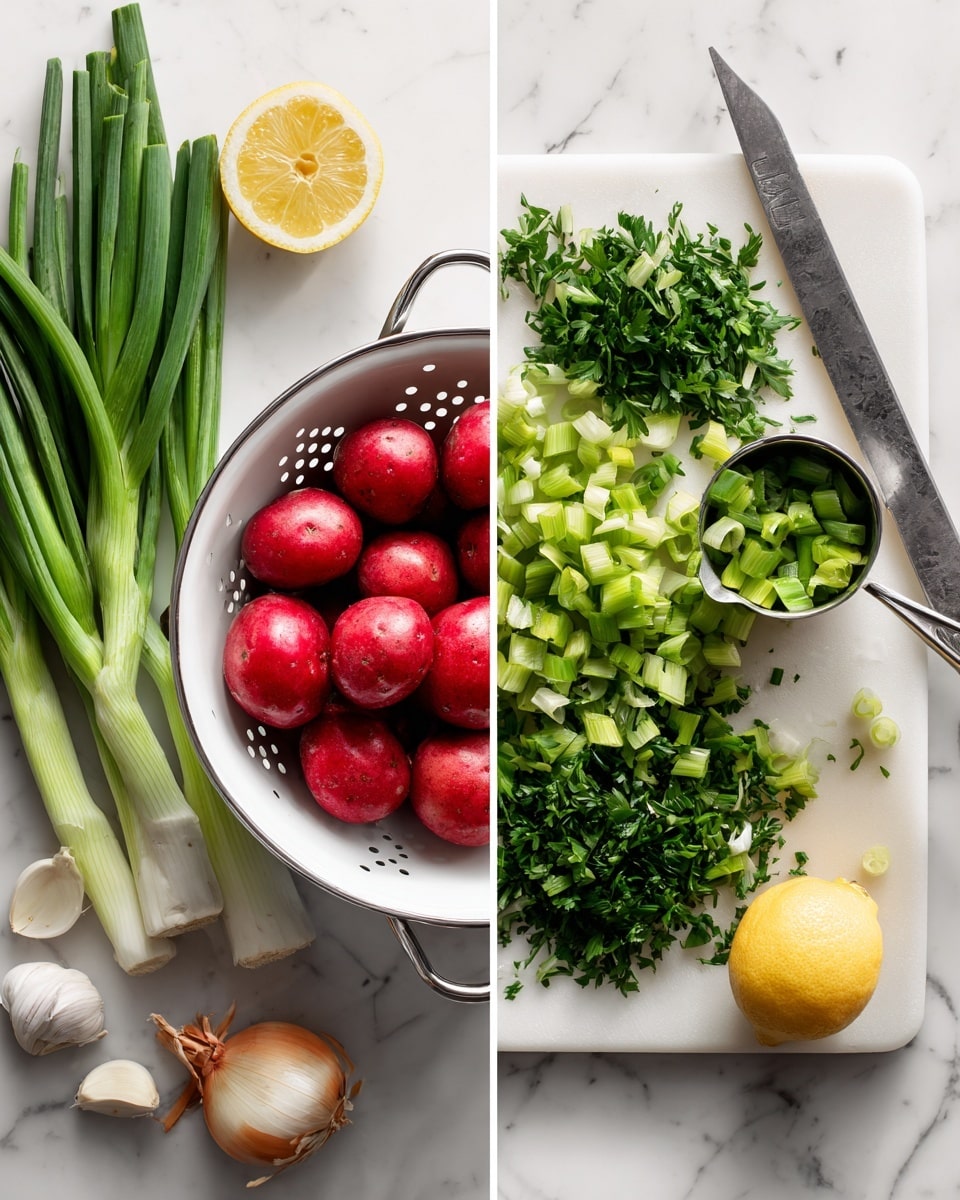 Two images side by side on a white marbled surface. On the left, a white colander filled with seven bright red potatoes sits in the center, surrounded by green celery stalks, green onions with white bulbs, flat green parsley leaves, a halved yellow lemon, and two cloves of garlic. On the right, a white cutting board holds light green chopped celery, chopped dark green parsley, a metal measuring cup filled with sliced light green scallions, and a shiny knife with a metal blade and white handle at the top right. Photo taken with an iphone --ar 4:5 --v 7