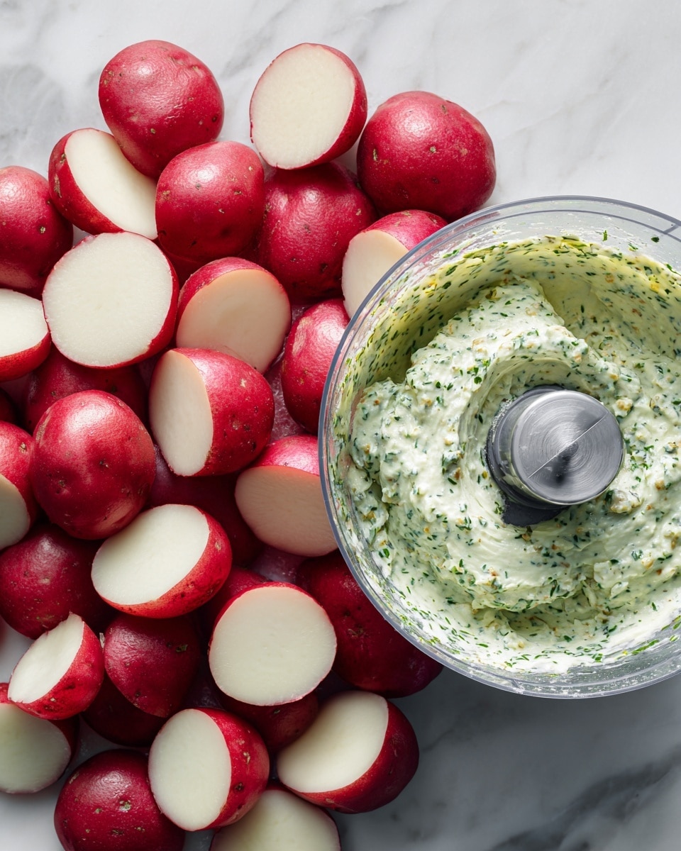 The image shows a close-up of many slices of red potatoes with smooth white flesh and bright red skin on the left side. On the right side, there is a clear food processor bowl filled with a creamy green sauce that has visible small chopped herbs mixed throughout, resting on a white marbled surface. The creamy sauce has a thick texture and a blade in the center of the food processor. photo taken with an iphone --ar 4:5 --v 7