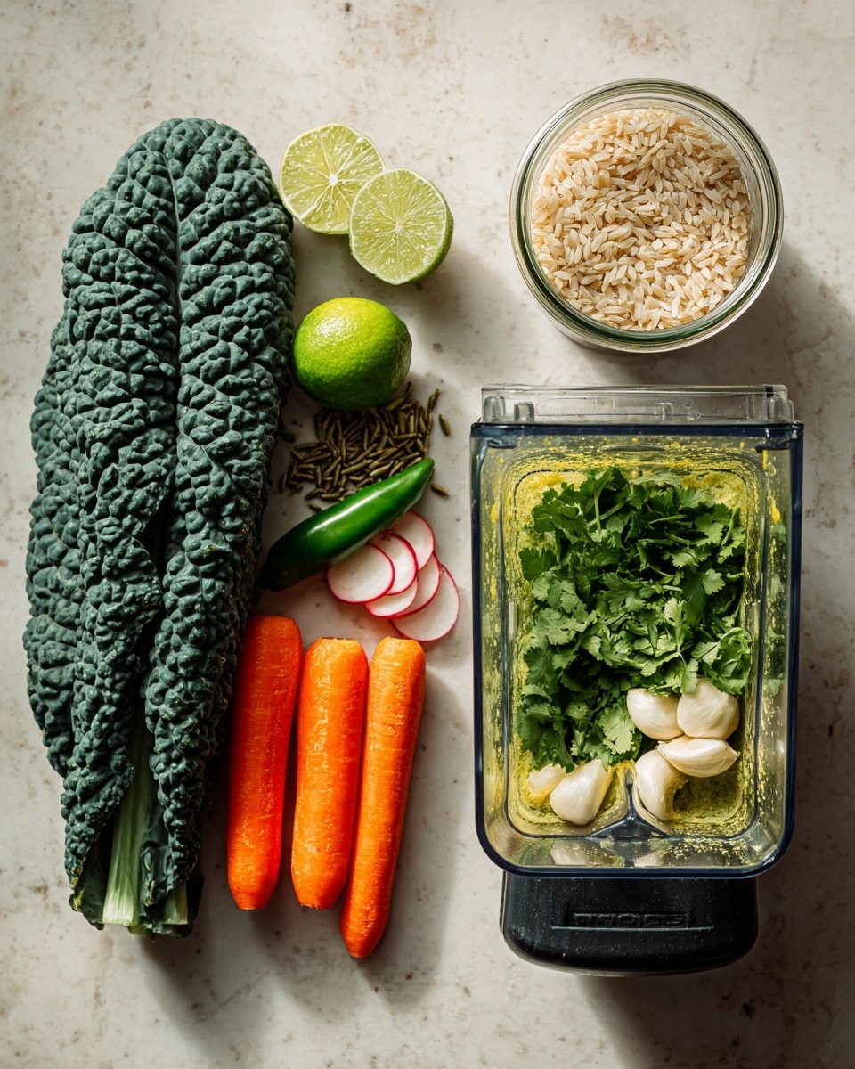 The image shows two side-by-side shots; on the left, there is a flat white marbled surface with fresh ingredients arranged neatly including four large dark green kale leaves stacked on top of each other at the bottom left, two bright orange carrots on the lower left, one green chili pepper below them, two lime halves at the top center, a glass jar of green pumpkin seeds, a small clear bowl filled with light brown cooked rice, and two small red and white radish slices near the jar and bowl. On the right, there is a close-up inside a blender showing layers including a bottom layer of liquid yellow-green oil, several whole peeled garlic cloves, and fresh bright green cilantro leaves on top, all inside the blender container. Photo taken with an iphone --ar 4:5 --v 7