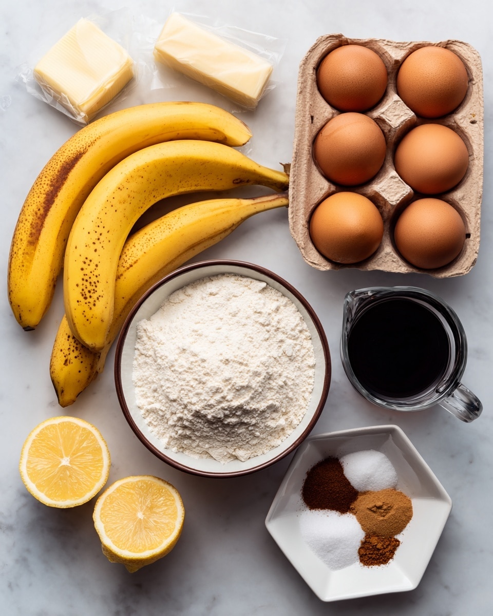 The image shows ingredients arranged on a white marbled surface. There are three ripe yellow bananas with brown spots on the left side. Two halves of a lemon, showing their juicy yellow inside, are placed below the bananas. Near the center, a white bowl with a dark rim is filled with white flour. To the right of the bowl, a small clear glass pitcher contains a dark liquid, likely syrup or vanilla. Above the flour, a brown cardboard container holds six brown eggs. Below the pitcher, a small white hexagonal dish shows several spices in separate piles—brown cinnamon, white baking soda, and other spices with textures that look soft and powdery. A partially unwrapped stick of butter is seen in the upper left corner. All the items are neatly spaced, and the light makes the textures of the ingredients clear and fresh-looking. photo taken with an iphone --ar 4:5 --v 7