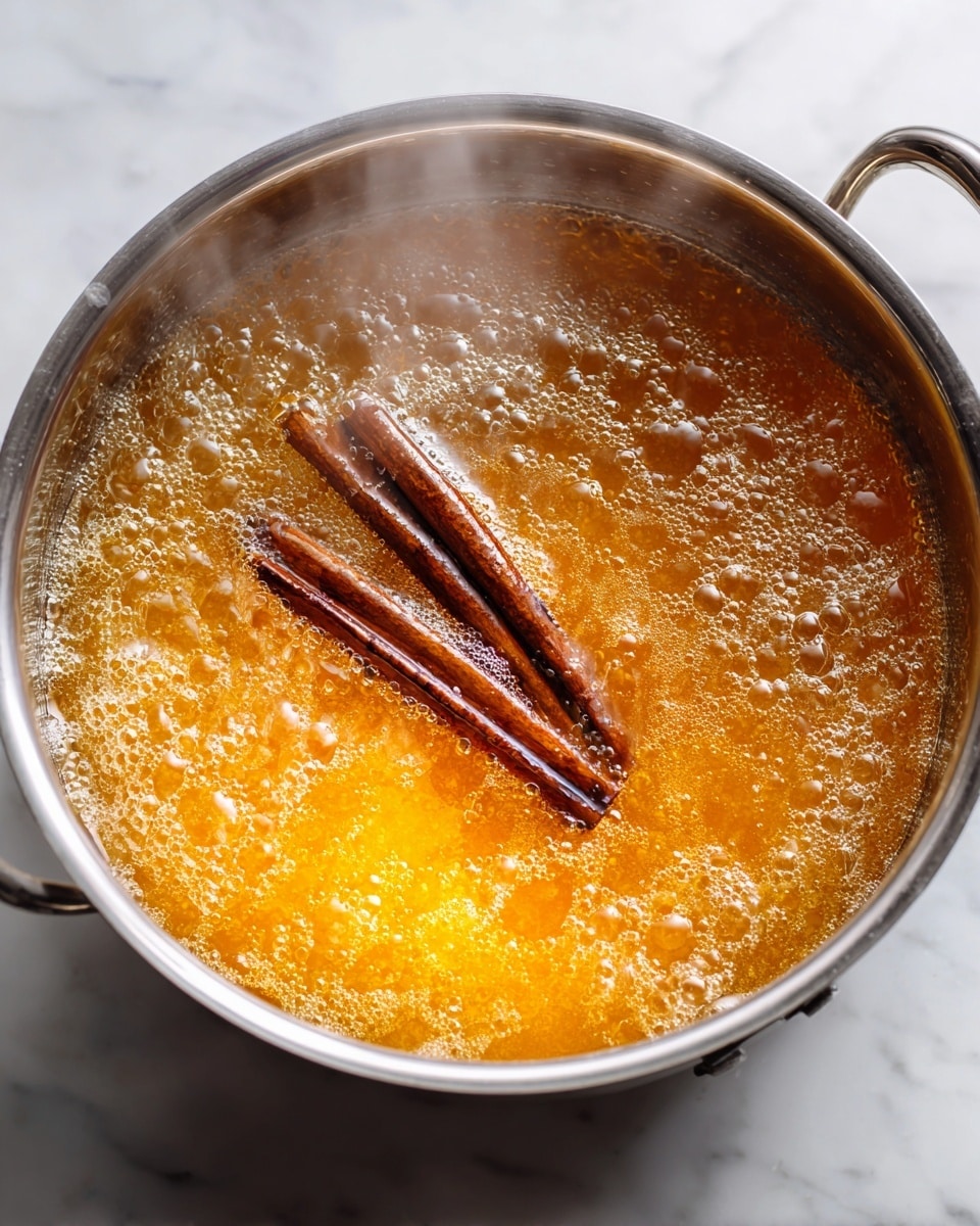 A close-up view of a silver pot filled with a golden orange liquid that is boiling, with bubbles rising to the surface. Inside the pot, there are two dark brown cinnamon sticks partially submerged, adding texture and contrast to the color of the liquid. Steam gently rises from the pot, and the pot sits on a white marbled surface. photo taken with an iphone --ar 4:5 --v 7