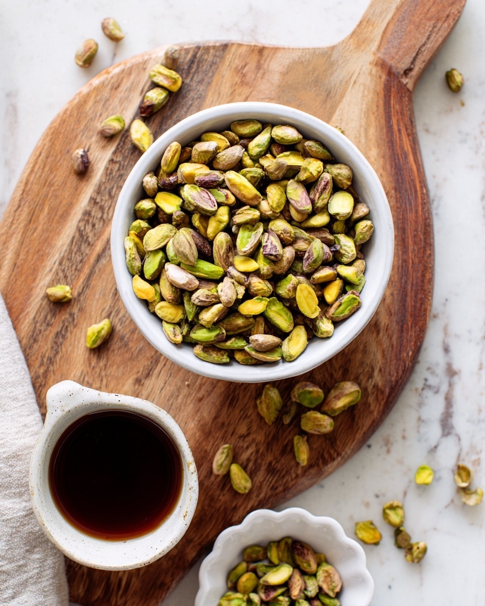 A round white bowl sits in the center filled with shelled pistachios showing shades of green and yellow. The bowl is placed on a round wooden cutting board with natural wood grain. Some pistachios are scattered around the bowl on the board and white marbled surface below. Towards the bottom right of the image, there are two small white containers filled with a dark brown liquid, one in a small cup and the other in a scalloped dish. The background is a white marbled texture. photo taken with an iphone --ar 4:5 --v 7