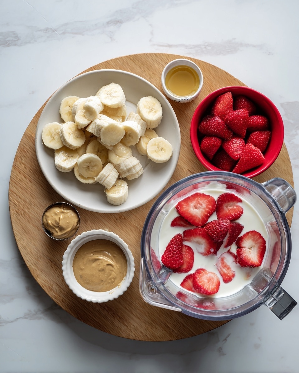 The image shows a round wooden tray placed on a white marbled surface. On the tray, there is a white plate holding sliced bananas, with a metal measuring cup filled with banana pieces resting on it. Nearby, a white ridged small bowl contains golden liquid, and a small light brown bowl holds a creamy nut butter. Next to the tray, there is a red bowl filled with whole strawberries. The second part of the image shows a close-up inside a clear blender with strawberries submerged in white milk. The strawberries are bright red with some sliced showing inner details. photo taken with an iphone --ar 4:5 --v 7
