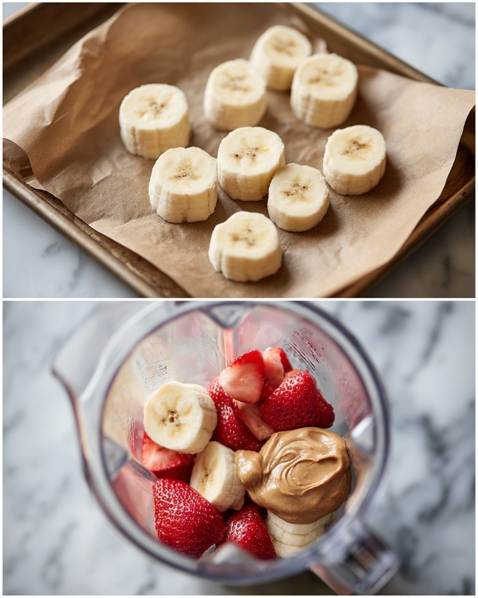 The first part of the image shows about twenty light yellow banana slices spread evenly on a baking tray lined with brown parchment paper, placed on a white marbled surface. The second part shows a close-up inside a clear blender jar with peeled banana pieces stacked on top of each other, some red strawberries at the bottom, and a dollop of creamy brown nut butter sitting on top, all resting above a white marbled surface. photo taken with an iphone --ar 4:5 --v 7