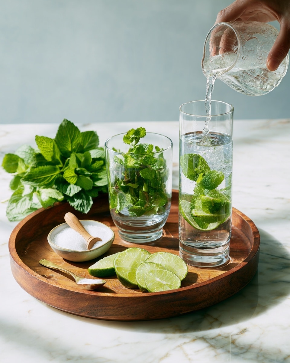 The image shows a preparation for a mint mojito. On a white marbled surface, a round wooden tray holds fresh green mint leaves, sliced bright green limes, a small white bowl with white sugar and a silver spoon, and two clear glasses. In one glass on the tray, mint leaves are being crushed with a muddler. Nearby, a bottle of clear rum is placed on the surface. In the second photo, a woman's hand pours a clear liquid into a glass filled with mint leaves on the same wooden tray, all against the white marbled background. Photo taken with an iphone --ar 4:5 --v 7