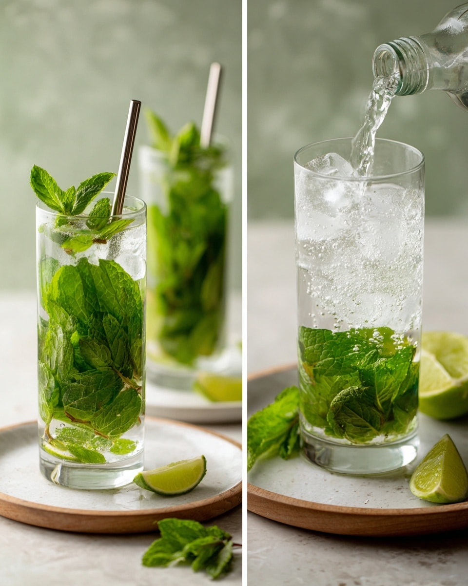 The image shows two tall clear glasses on a white marbled surface, each containing a bunch of fresh green mint leaves at the bottom. Some large ice cubes fill the glasses above the mint leaves, adding a cool texture. A steel stirring stick is inside each glass, positioned vertically. One glass is being filled with a clear liquid from a transparent bottle, creating tiny bubbles around the ice. Next to the glasses, there is a lime cut in half and a few loose mint leaves placed on a round wooden board. The setting is bright with natural light, showing fresh and simple drink preparation. photo taken with an iphone --ar 4:5 --v 7