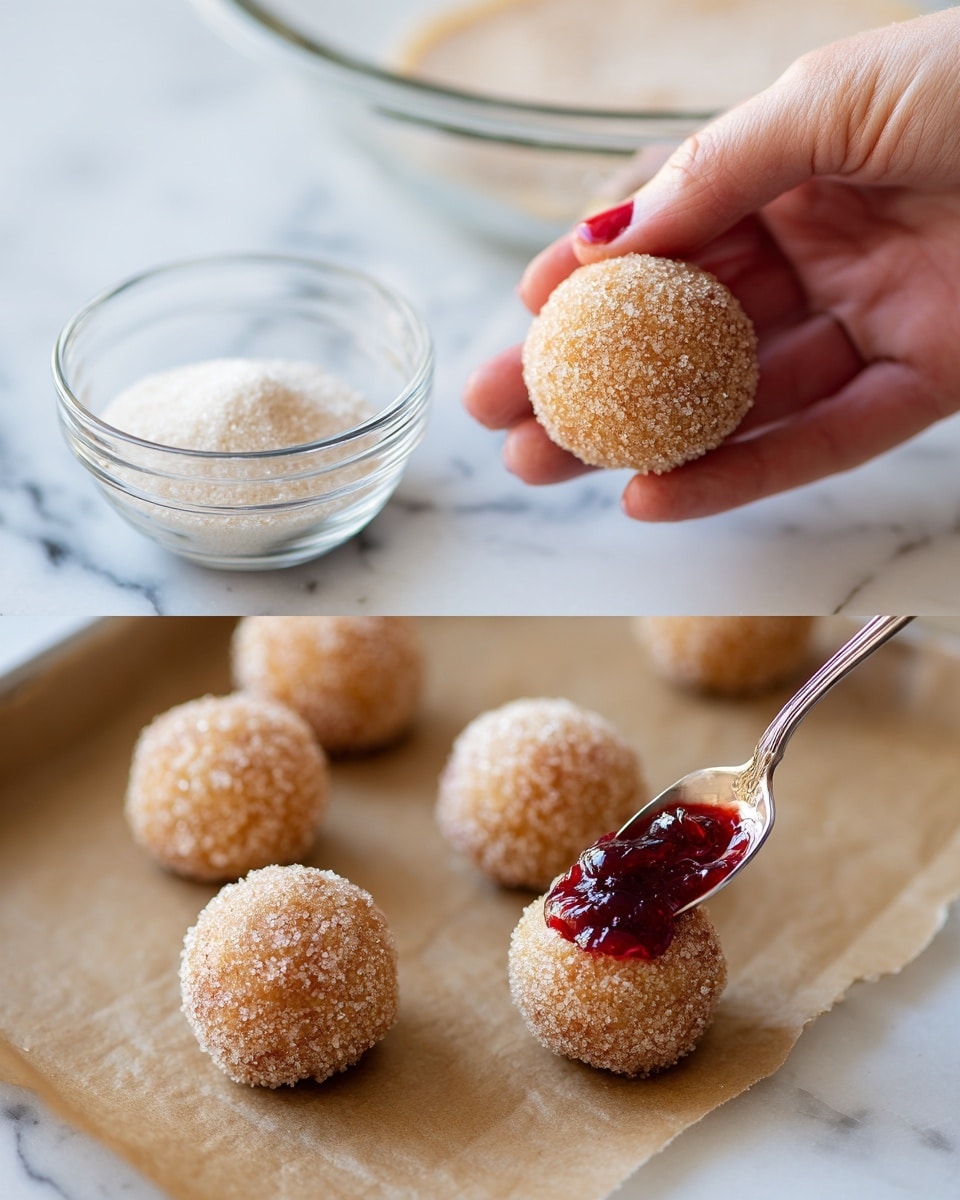 The image shows two parts: on the left, a woman's hand holding a small round dough ball covered in sugar over a small clear glass bowl filled with sugar, placed on a white marbled surface with a part of a clear mixing bowl with dough visible below; above the hand is a baking tray lined with brown parchment paper with three more dough balls coated in sugar; on the right side, a close-up shows a spoon with red jam being placed into the middle of a sugar-coated dough ball on the same baking tray with parchment paper. The dough balls are light tan colored with a grainy sugar texture and the jam is shiny and deep red. Photo taken with an iphone --ar 4:5 --v 7