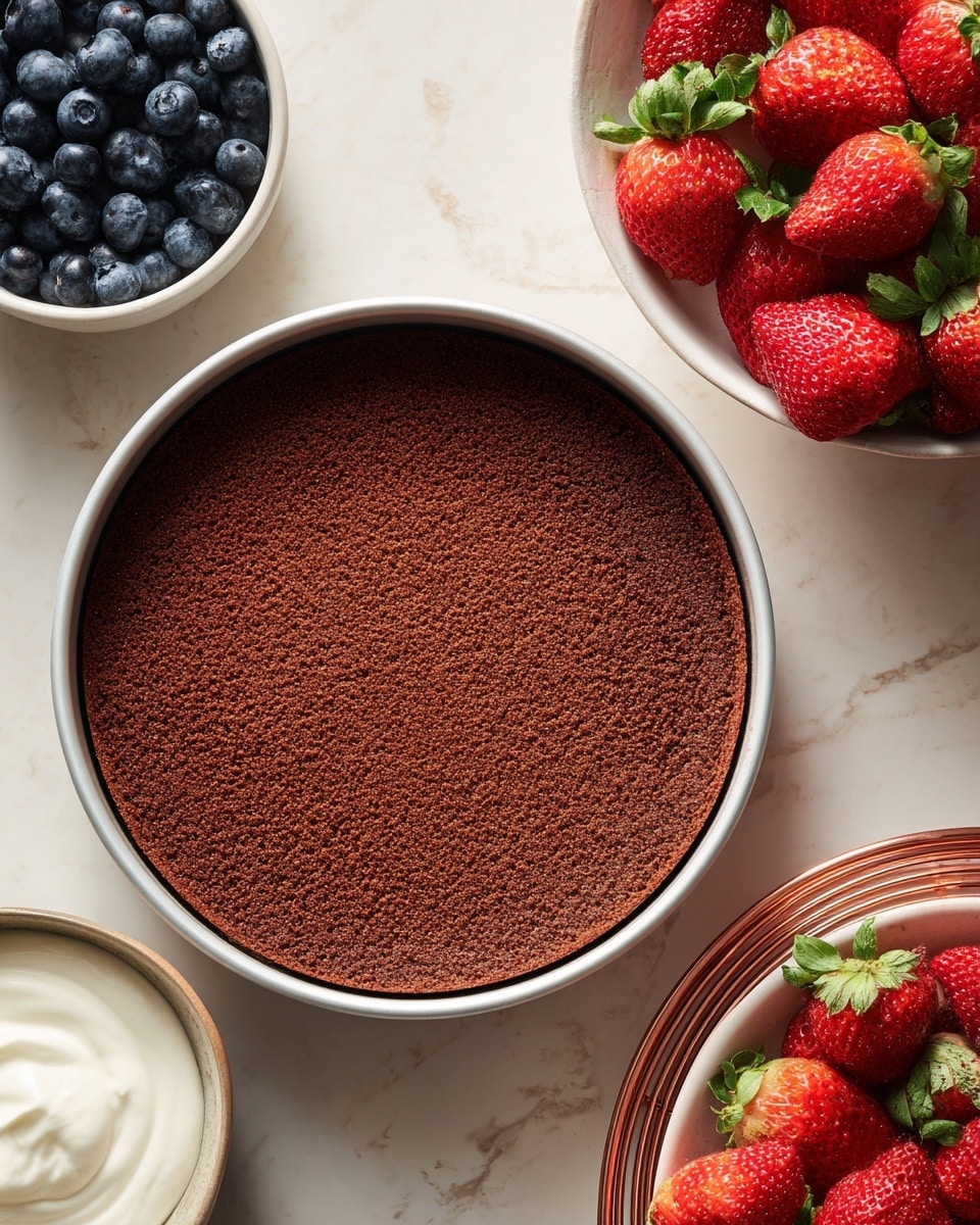 The image shows a close-up of a white marbled surface with a round baking pan placed in the center. Inside the pan is a single layer of a brown, grainy crust pressed evenly along the base and sides. To the top right of this pan is a white bowl filled with bright red strawberries that have green leafy tops, placed on a copper-colored wire rack. Above the bowl of strawberries, partially visible, is another white bowl filled with small, round blueberries in deep blue color. Next to the bowl of strawberries, slightly underneath, there is a small white bowl holding smooth, white cream or yogurt. The whole setup appears clean and fresh, arranged neatly for preparing a dessert photo taken with an iphone --ar 4:5 --v 7