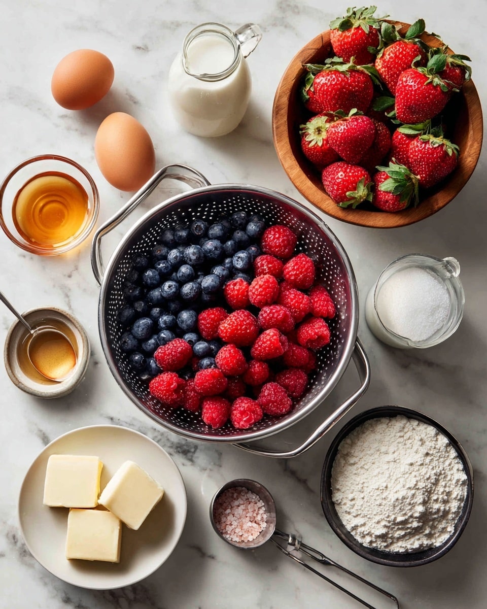 A white marbled surface holds several ingredients arranged neatly: in the middle, a metal colander filled with fresh red raspberries on the bottom and deep blue blueberries on top; to the right, a wooden bowl full of bright red strawberries with green leaves; around these central items, three brown eggs, a small white dish with two pats of butter, a small white scalloped dish with amber liquid, a small black bowl filled with white flour, a small round wooden bowl with white sugar, a metal measuring spoon with pink salt, a glass measuring cup with clear liquid, and a clear glass bottle partially filled with milk. photo taken with an iphone --ar 4:5 --v 7