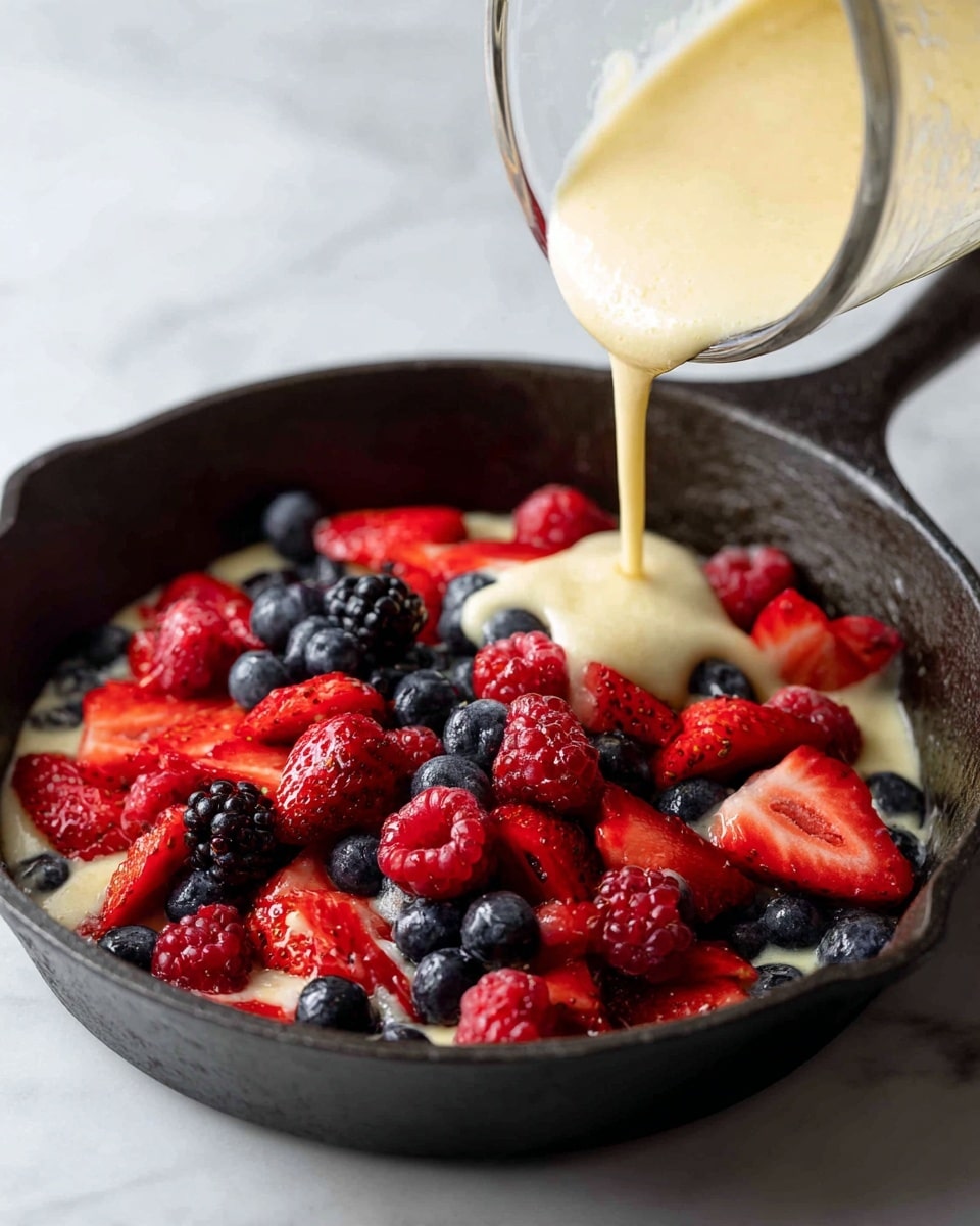 A black cast iron pan filled with a mixture of sliced red strawberries, red raspberries, and dark purple blueberries, all spread on the bottom in a single layer. A creamy pale yellow batter is being poured over the berries from a clear glass pitcher, covering some of the fruit while leaving others partly visible. The pan sits on a white marbled surface, and the focus is on the smooth, thick texture of the batter blending with the bright, fresh berries. Photo taken with an iphone --ar 4:5 --v 7