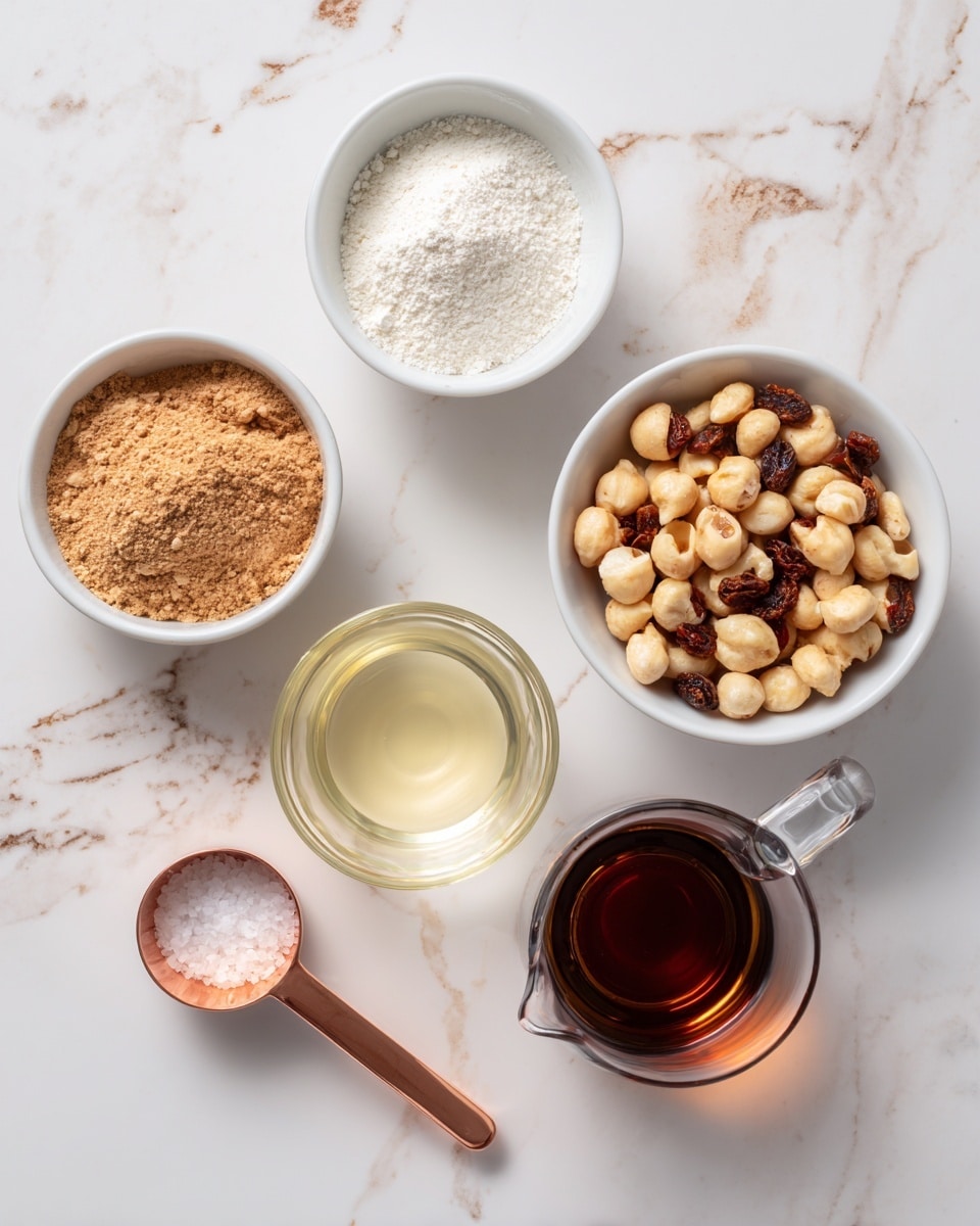 The image shows six small white bowls and containers with different ingredients placed on a white marbled surface. From the top left, there is a white bowl filled with light brown powder, next to it is a white bowl with white powder. To the right is a white bowl filled with light brown round nuts, some with darker spots. Below the white powder, there is a clear round glass bowl with a pale yellow liquid. To the right of it is a small clear glass pitcher holding dark amber liquid. Below the clear glass bowl on the left is a copper measuring spoon with white granules. The arrangement forms a loose triangular shape with the nuts bowl at the top right corner. Photo taken with an iphone --ar 4:5 --v 7